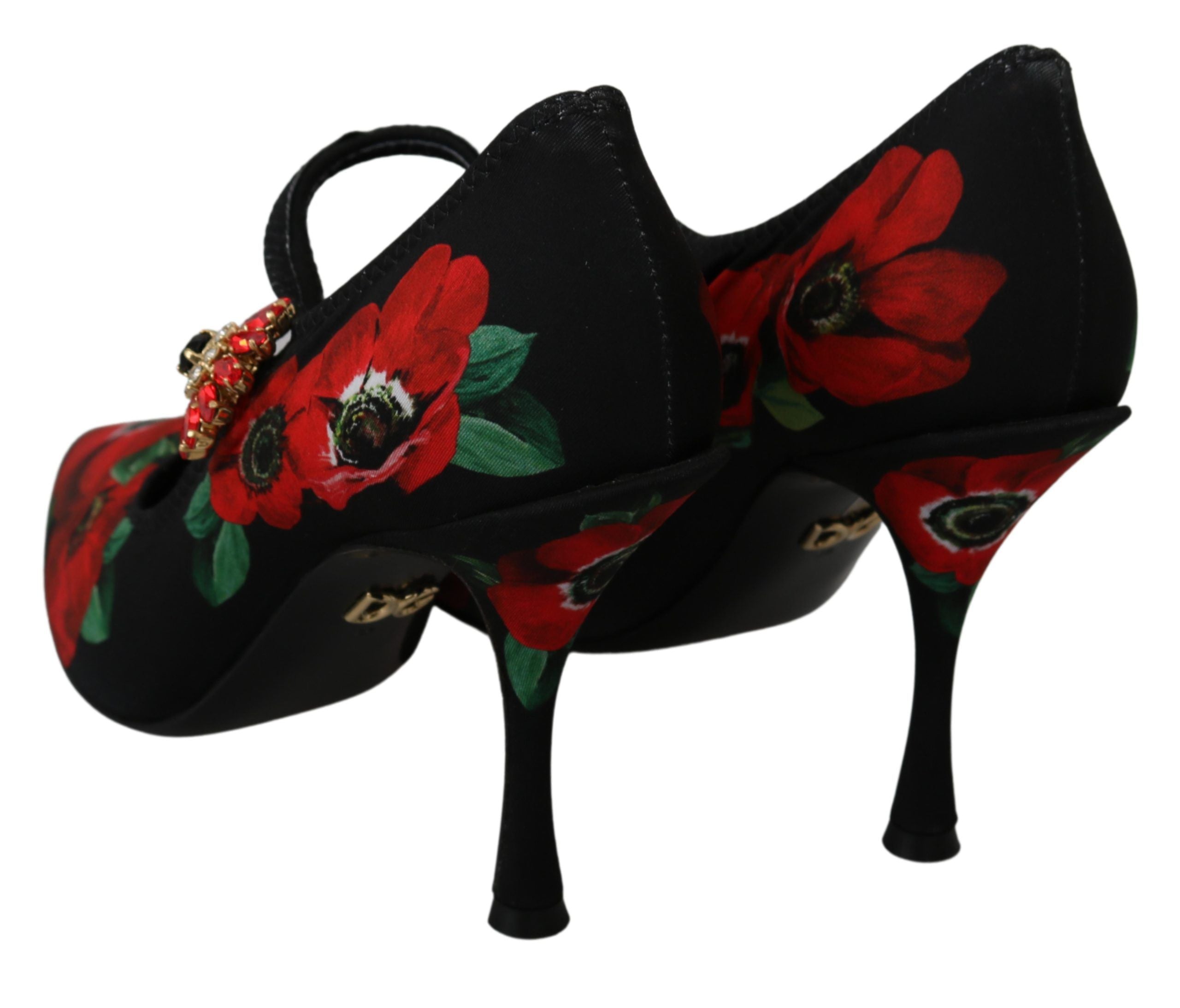 Zwarte rode Mary Janes pumps met bloemenprint