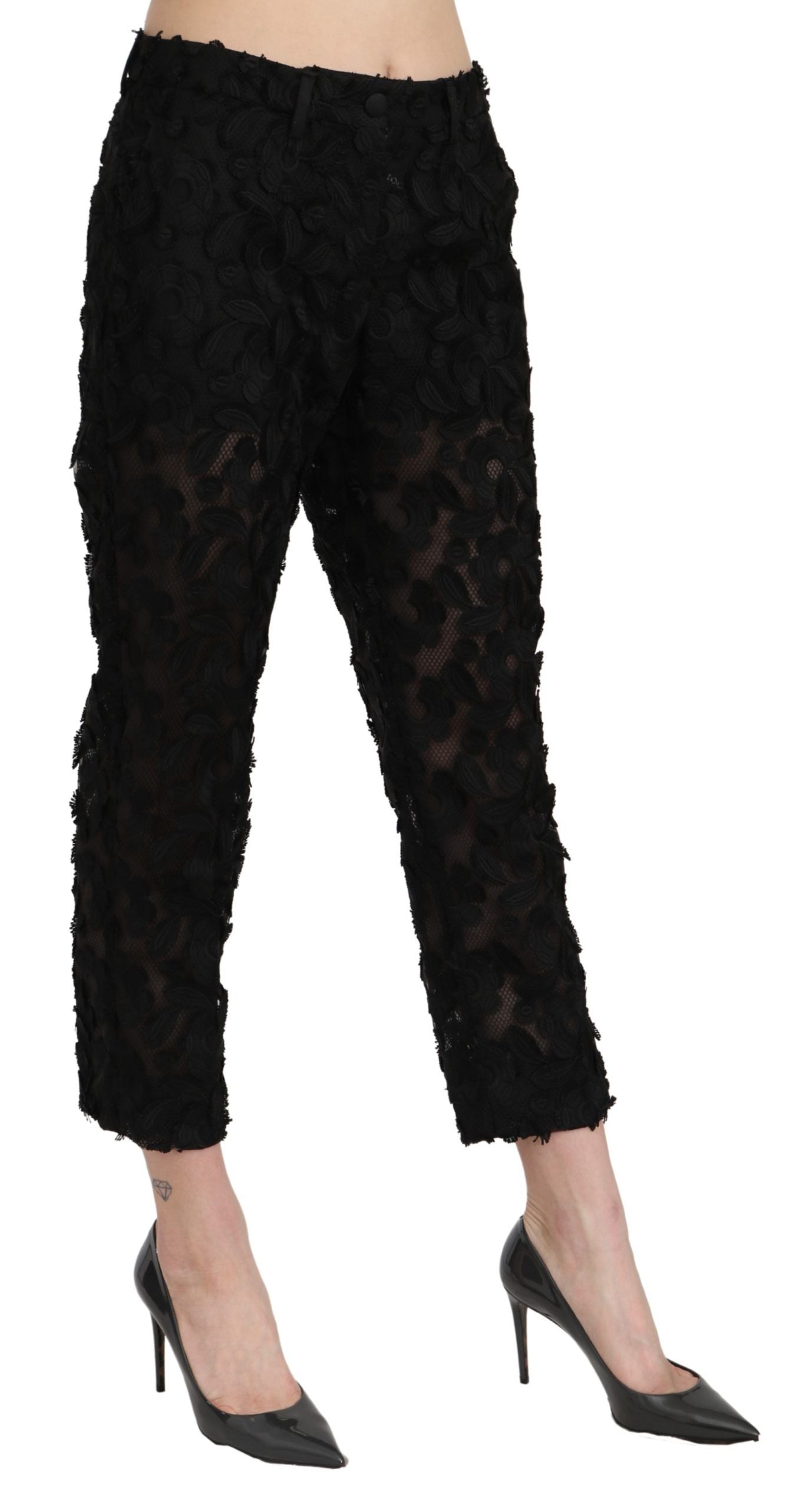 Zwarte kanten rechte cropped hoge taille broek