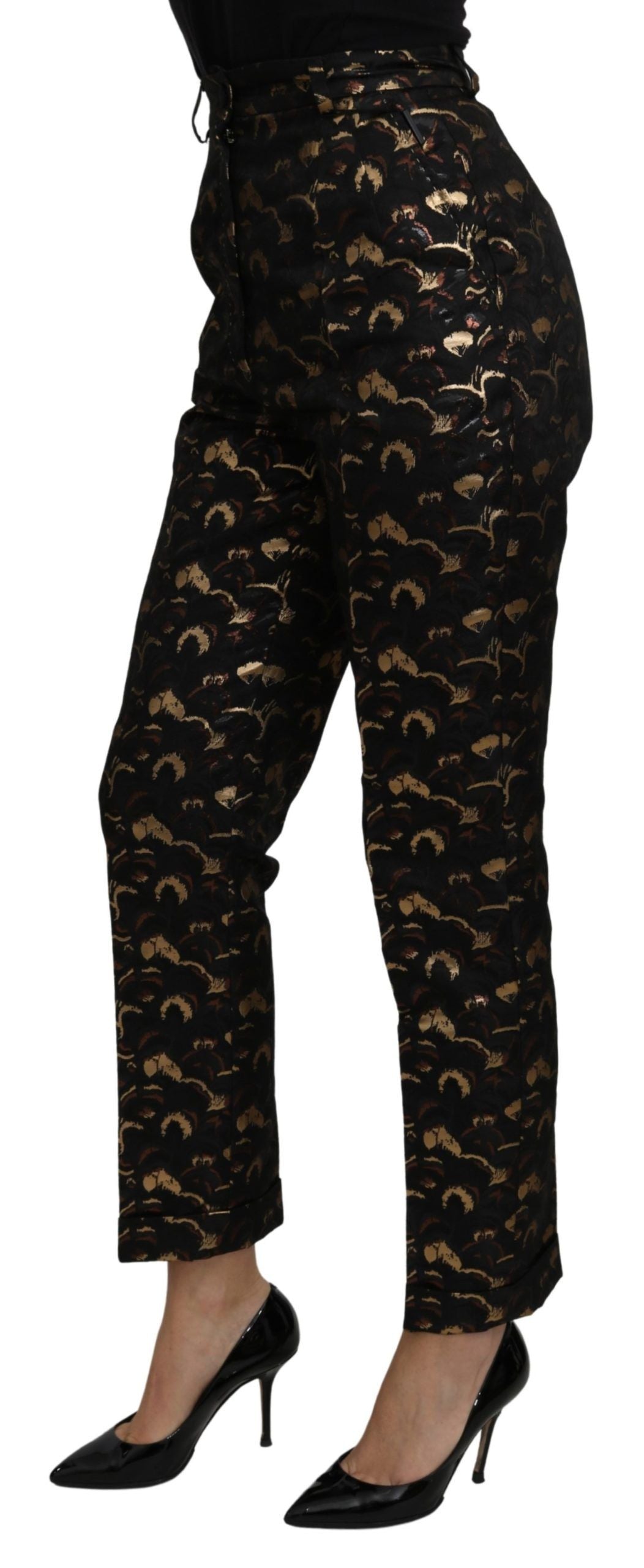 Zwarte goudkleurige brokaatbroek met hoge taille