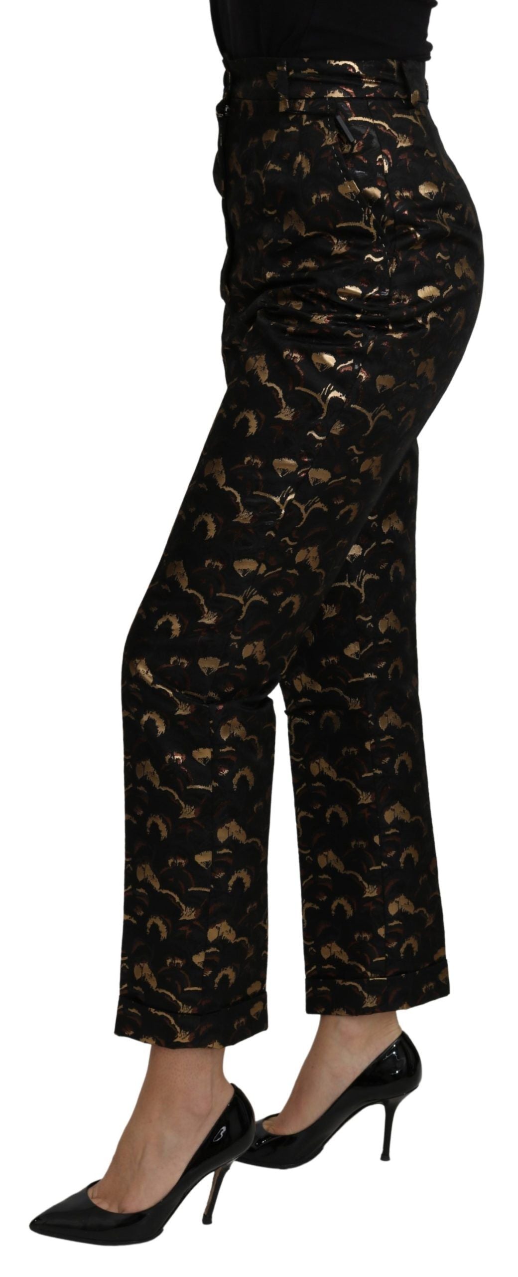 Zwarte goudkleurige brokaatbroek met hoge taille
