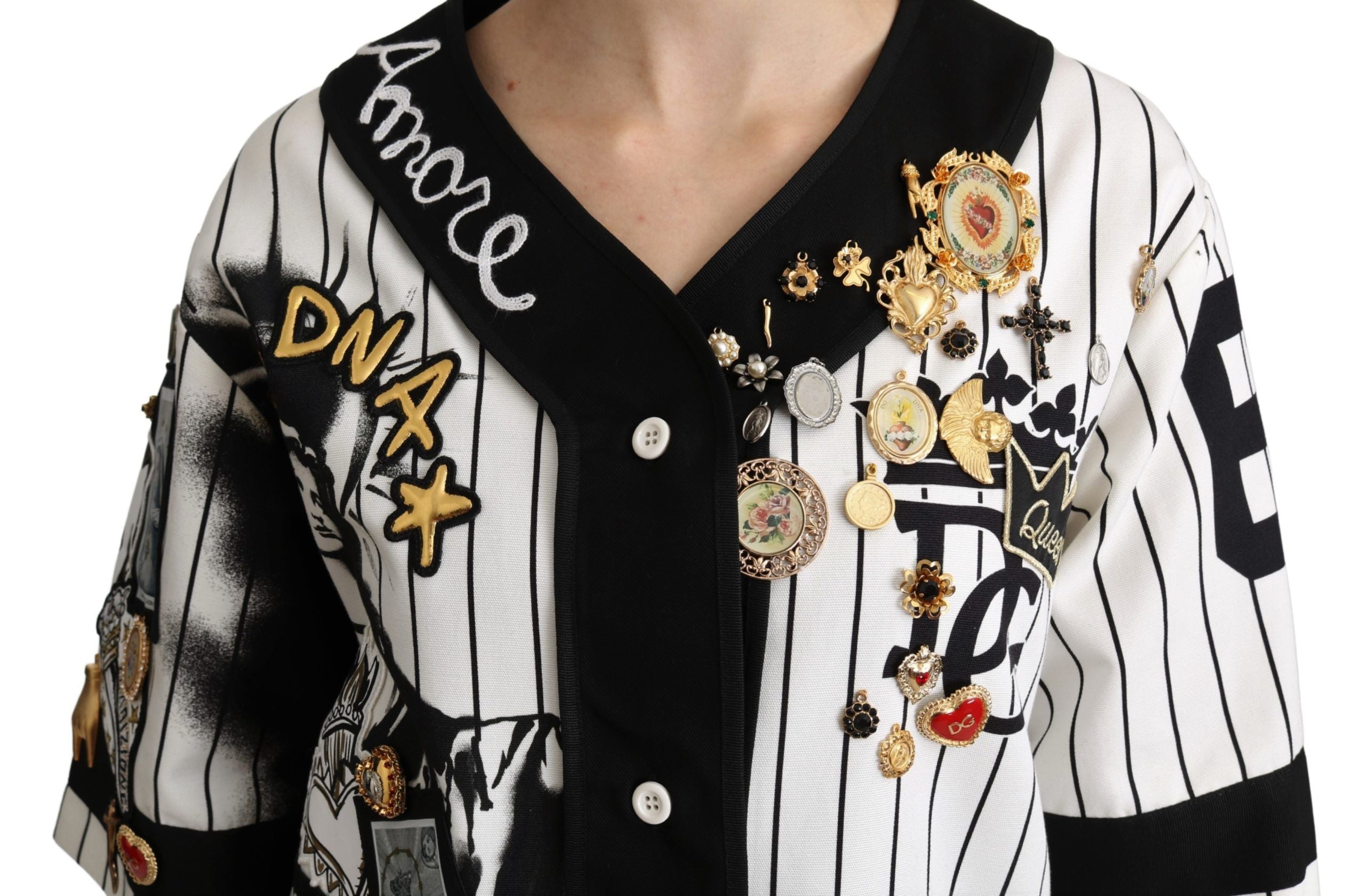 Witte en zwarte blouse van katoen met kristallen bedels en amore-shirt