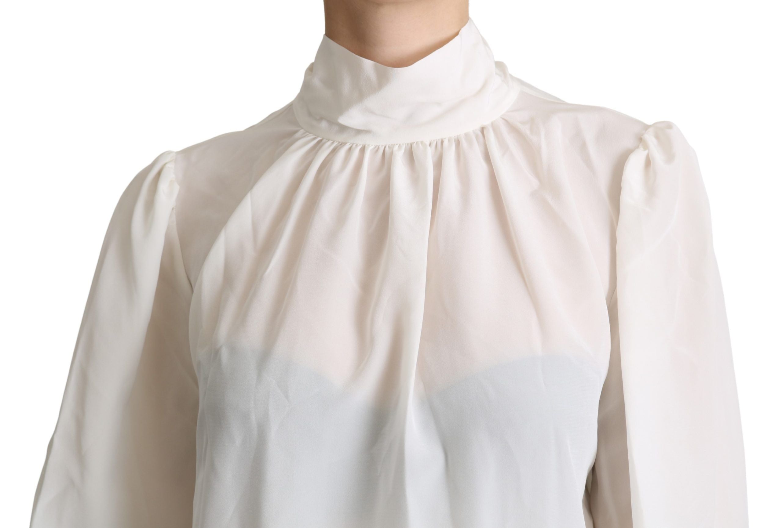 Witte zijden blouse met strik en lange mouwen