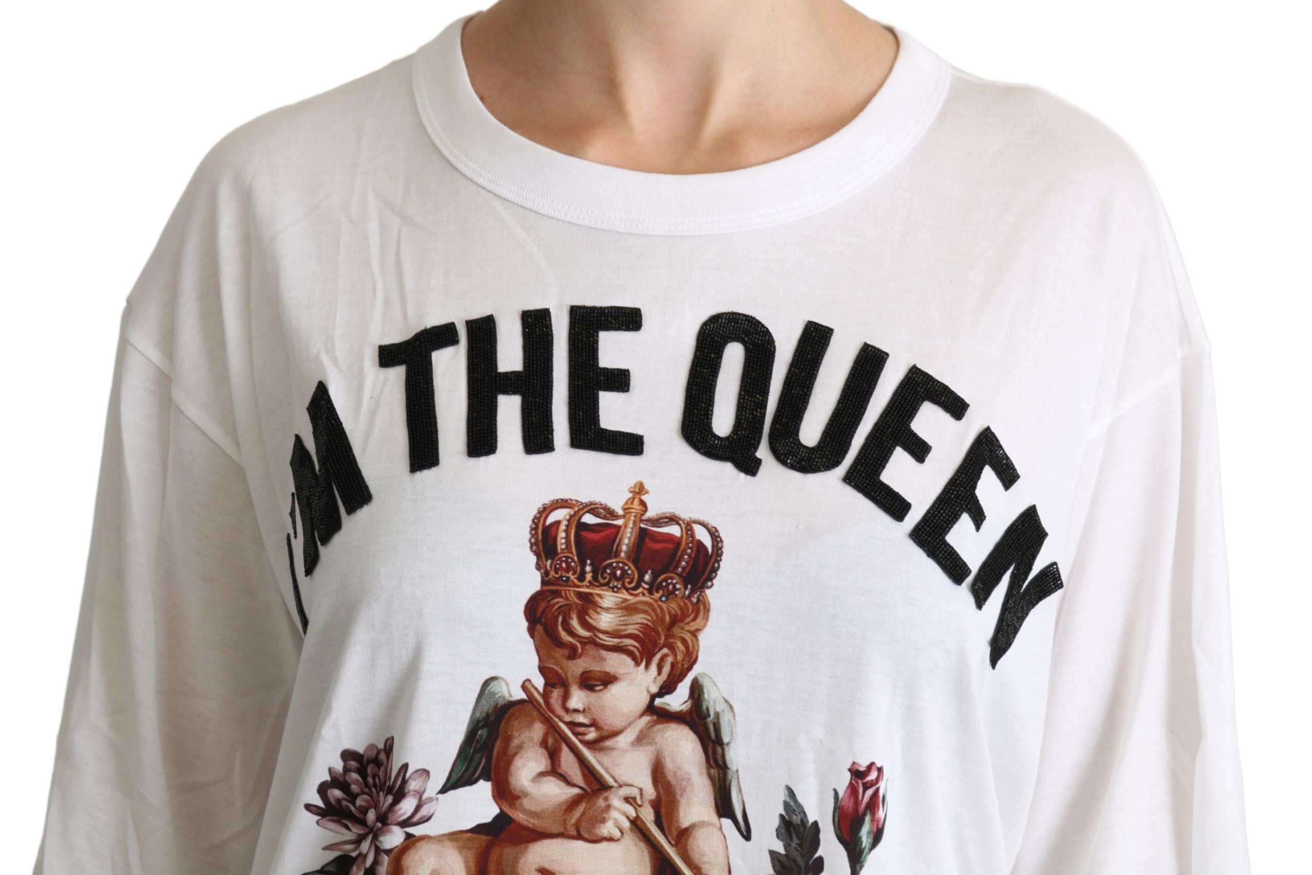 Witte katoenen top met ronde hals en engelenprint