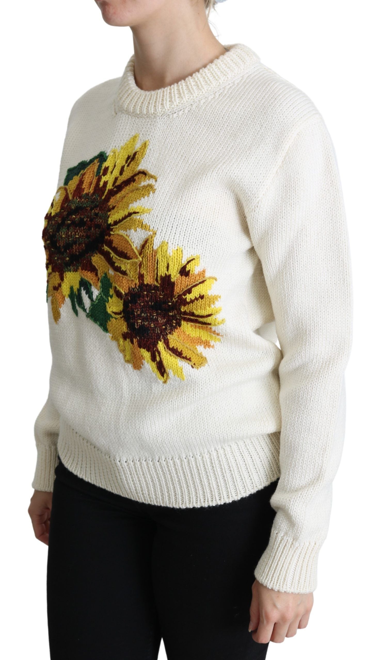 Witte bloemenwollen trui met zonnebloemmotief
