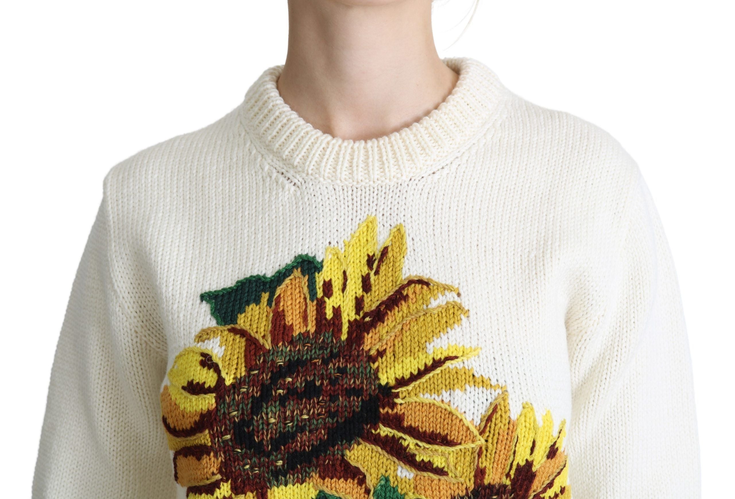 Witte bloemenwollen trui met zonnebloemmotief