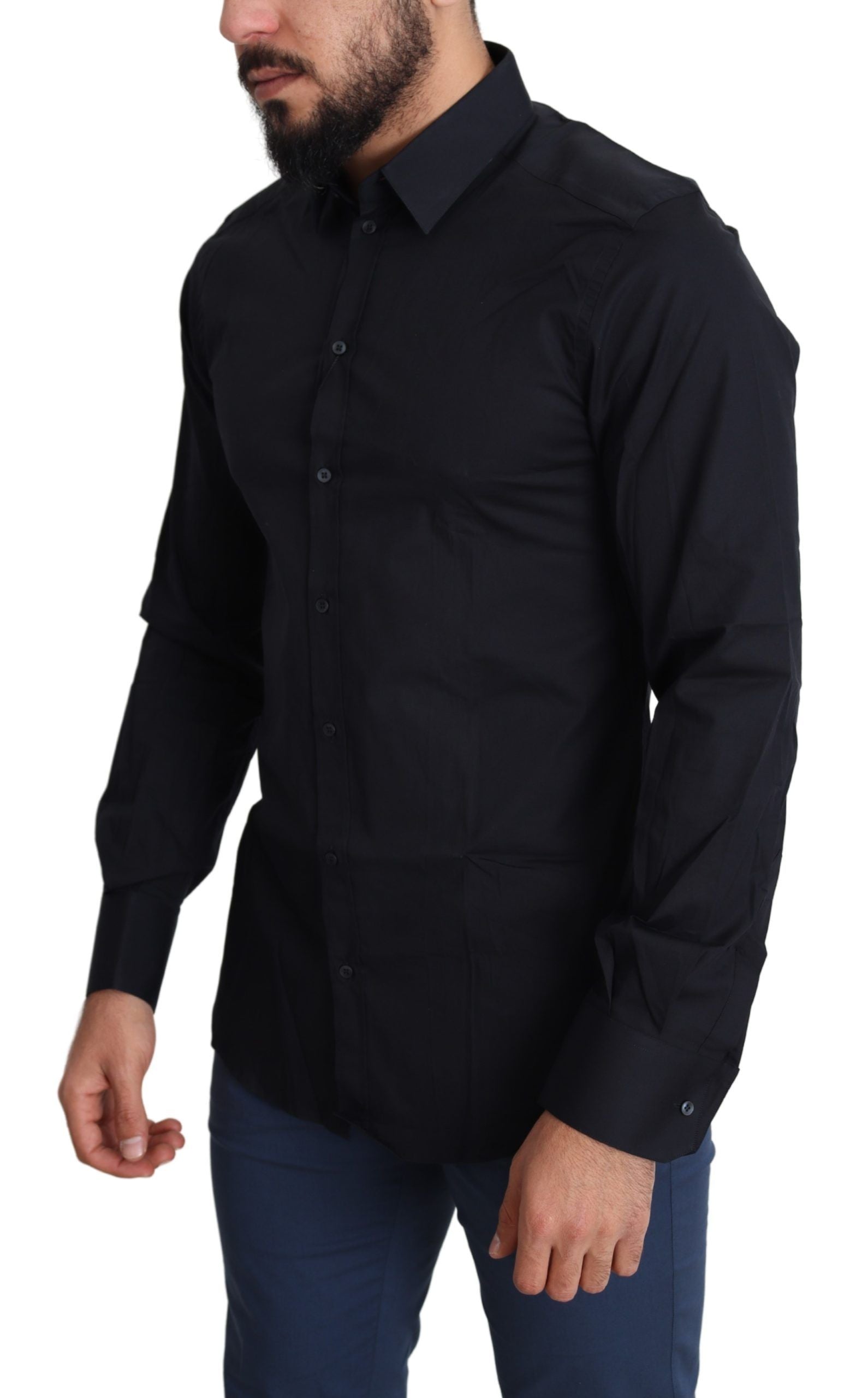 Blauw katoenen formeel goudkleurig overhemd