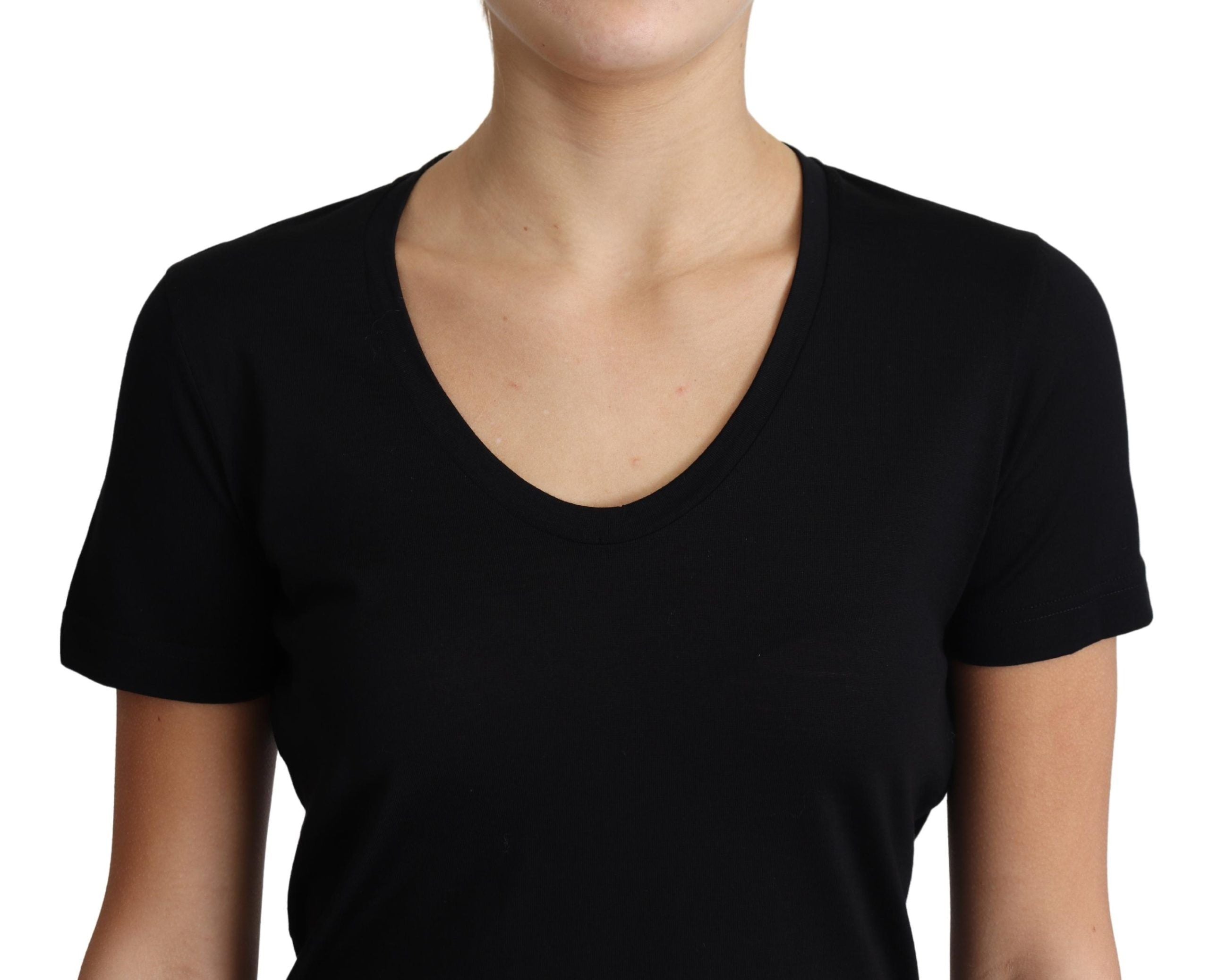 Zwart wollen T-shirt met ronde hals en korte mouwen