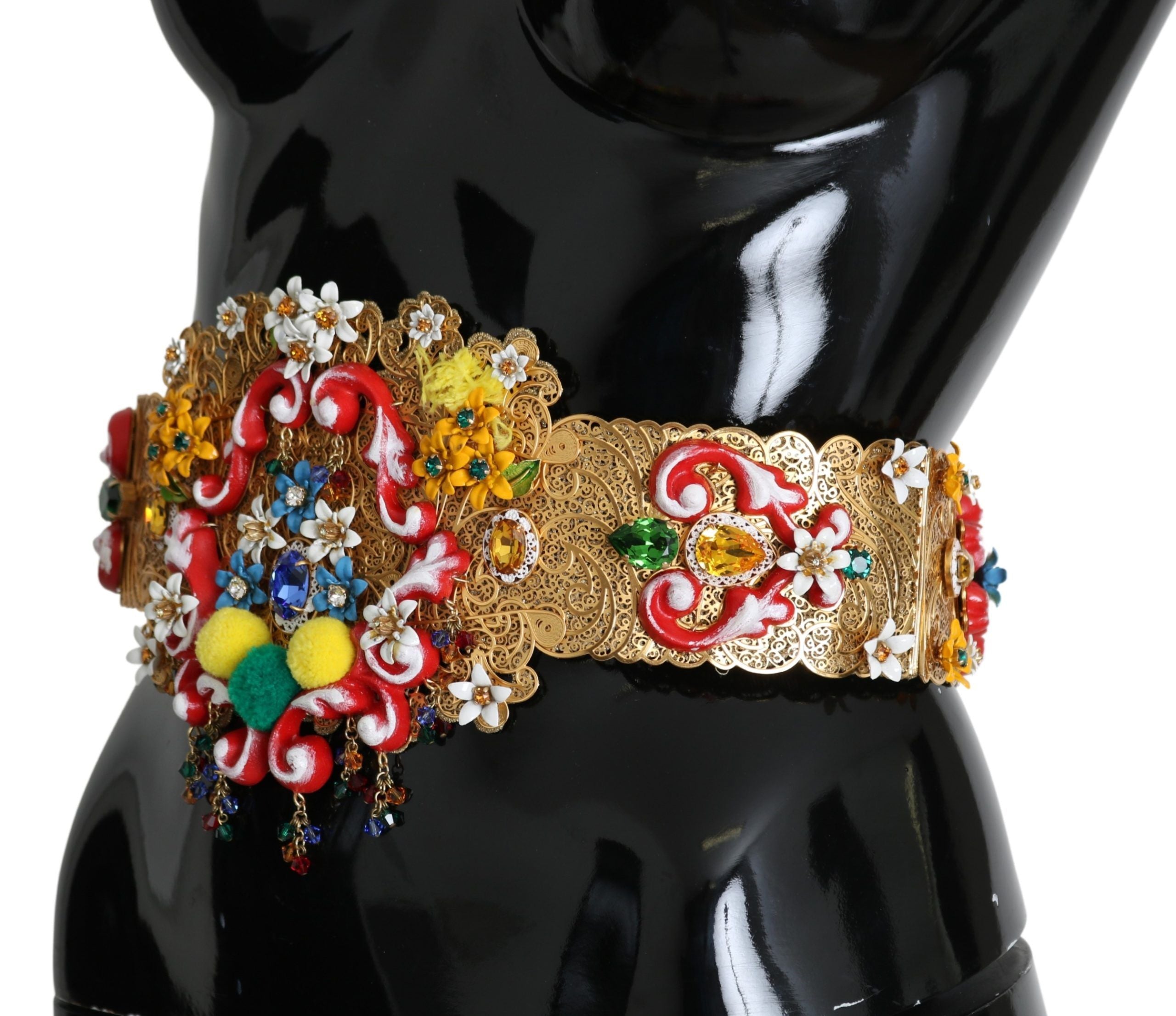 Versierde bloemenkristal brede taille gouden riem