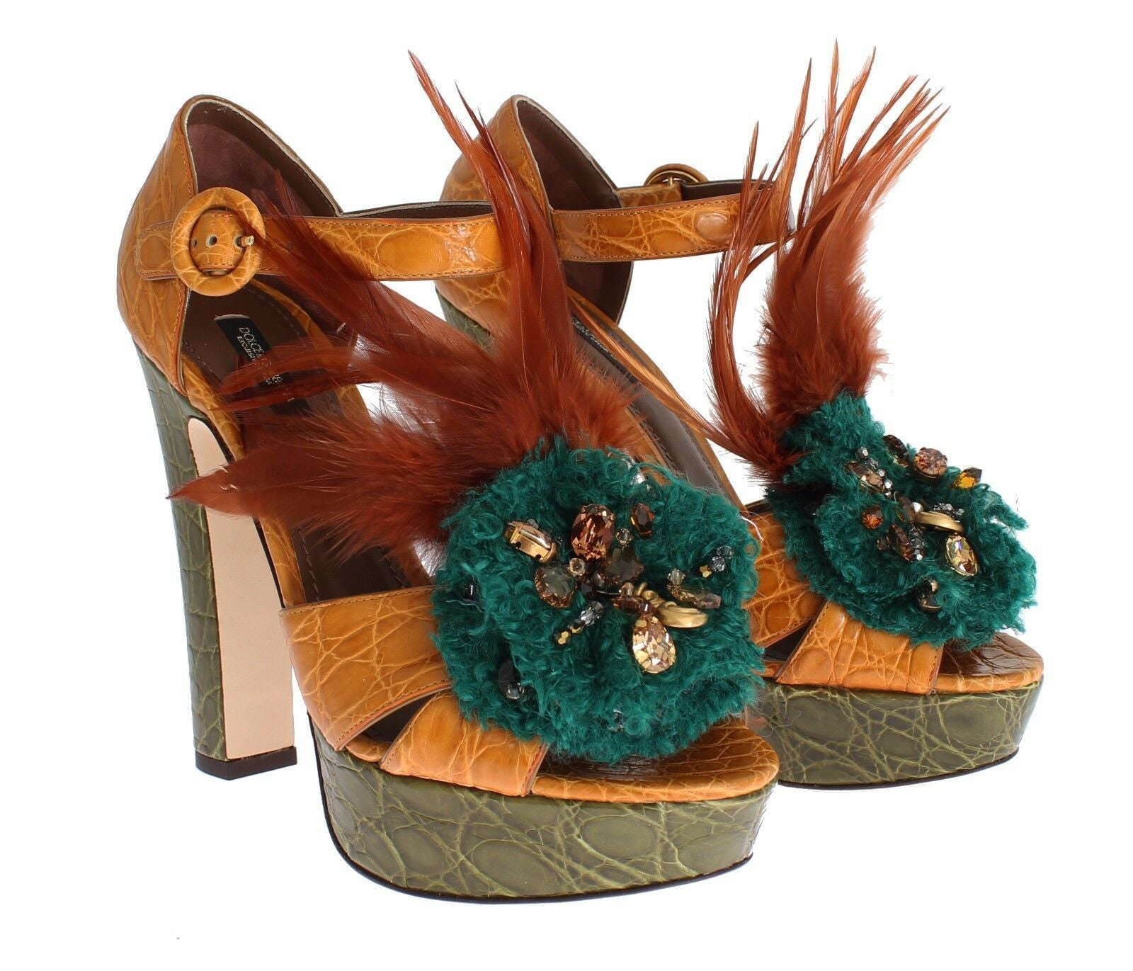 Oranje leren sandalen met kristallen plateauzool
