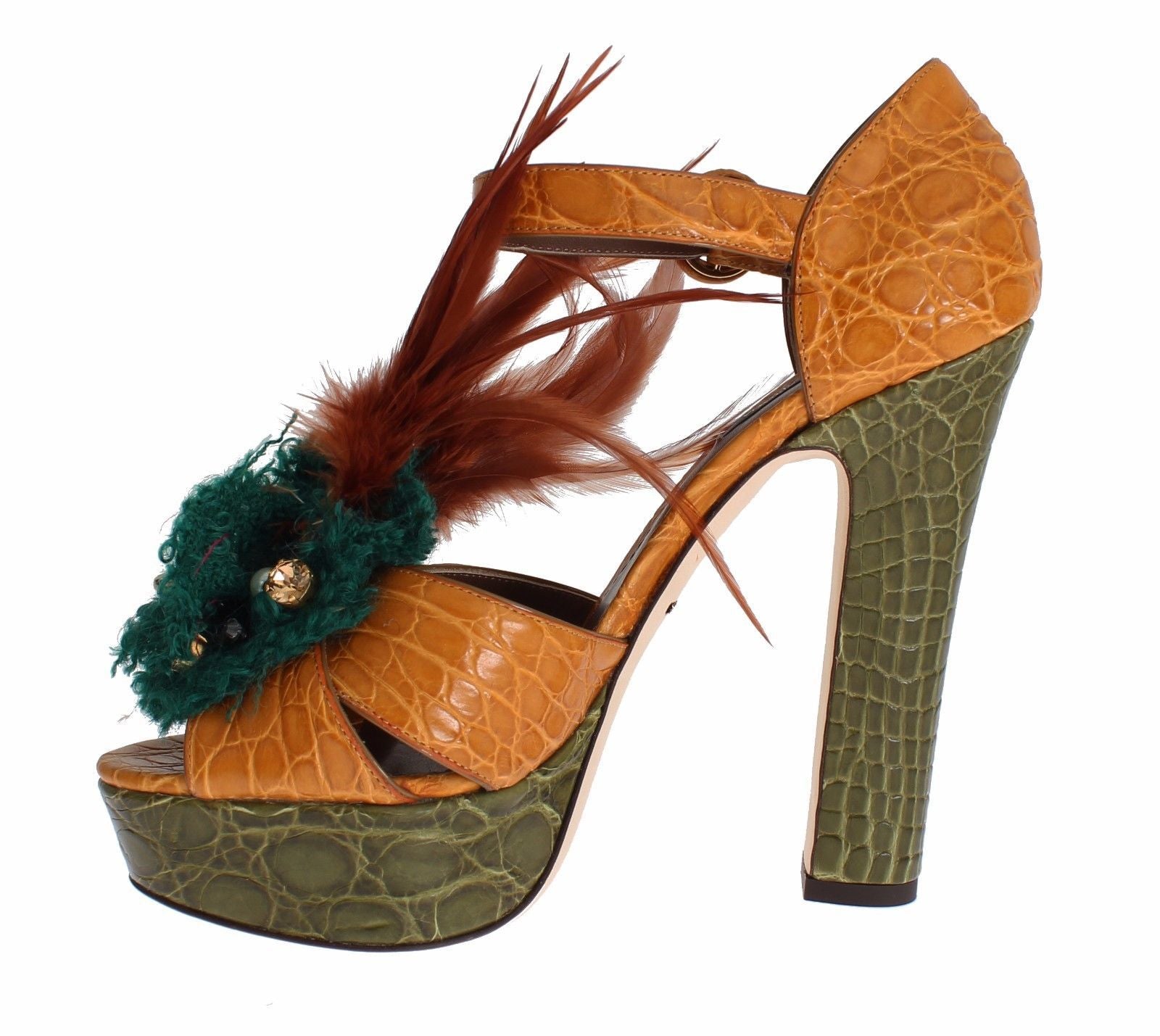Oranje leren sandalen met kristallen plateauzool
