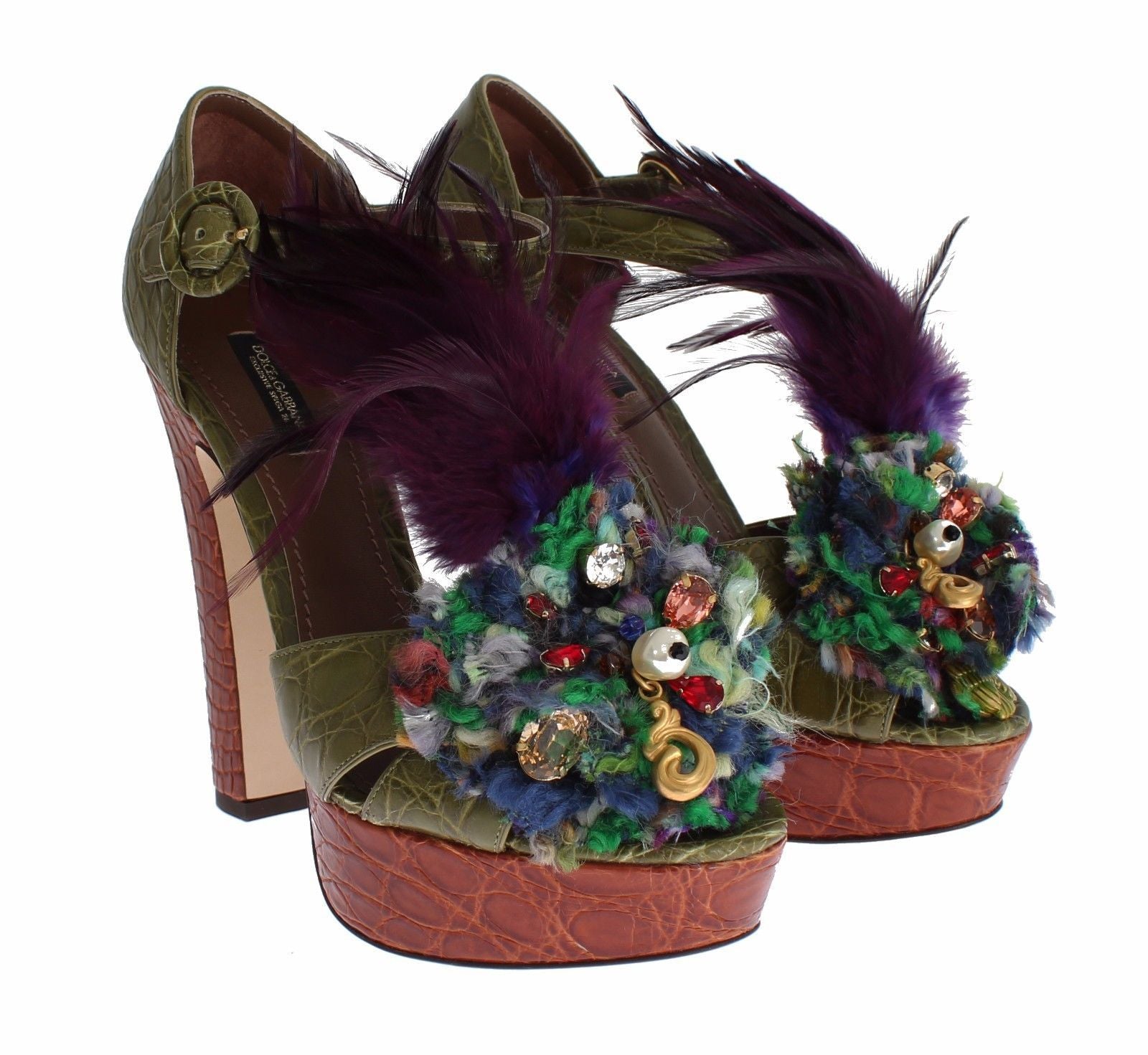 Groene leren sandalen met kristalplatform