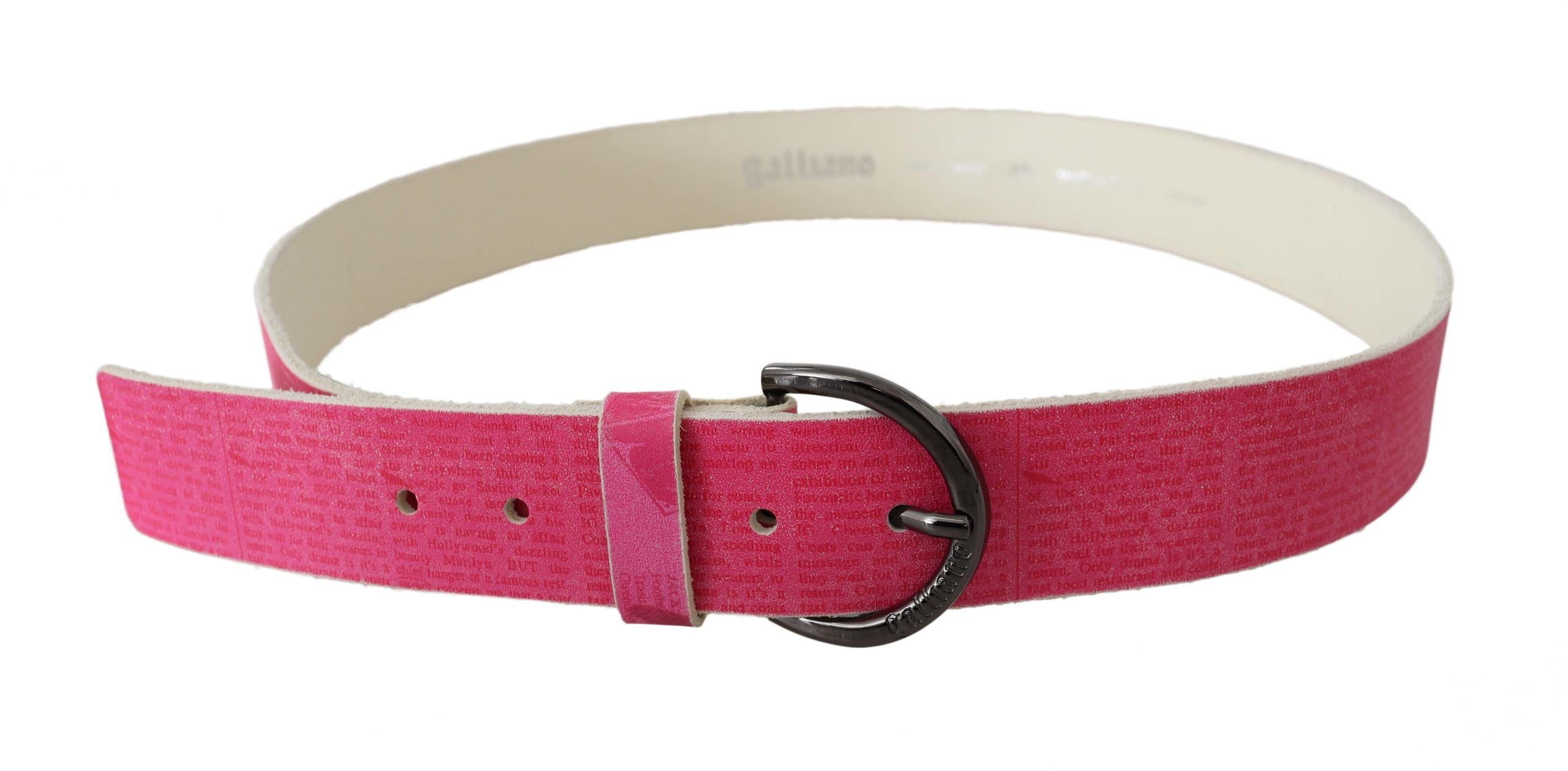 Roze leren riem met ronde gesp en letterlogo-ontwerp
