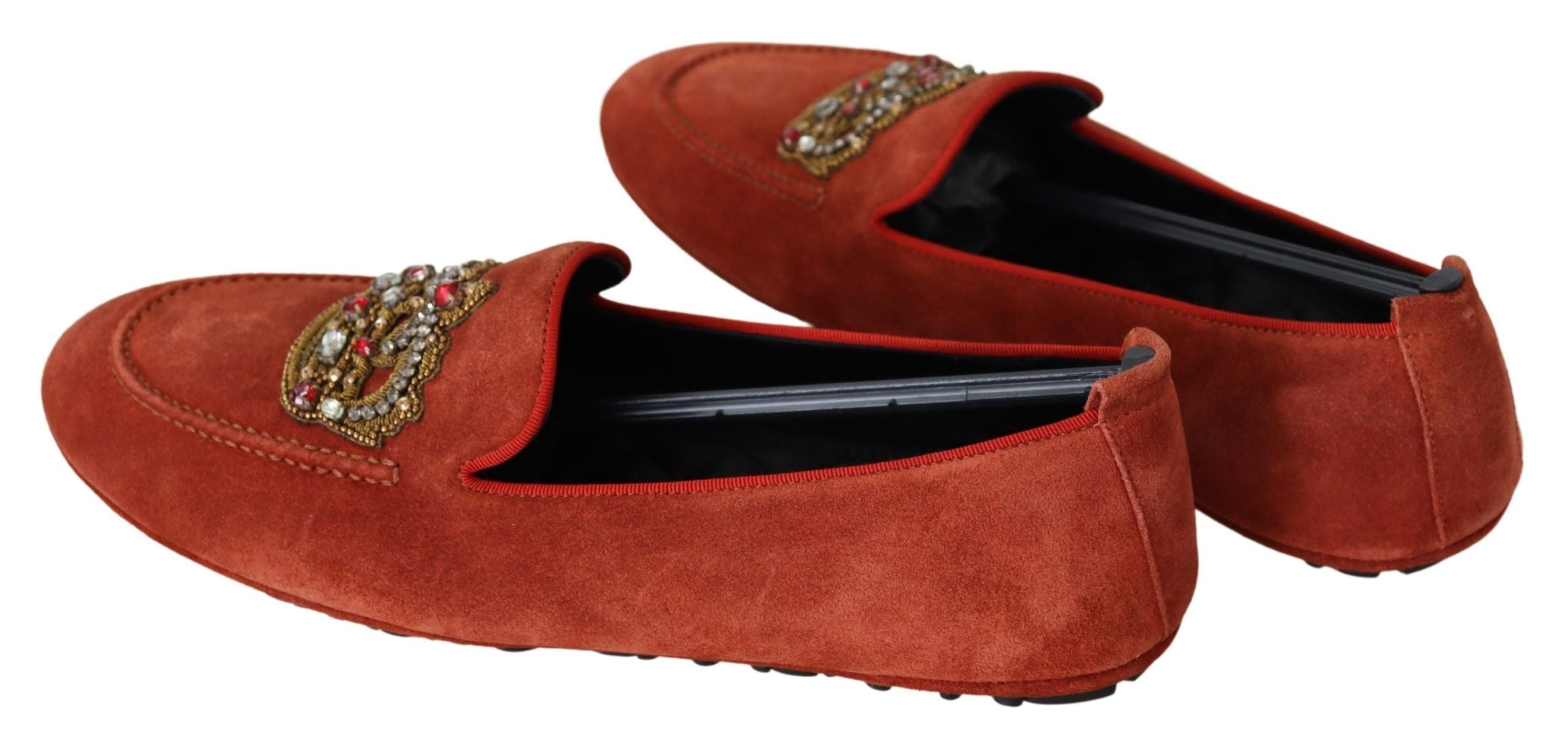 Oranje leren loafers met kristallen kroon