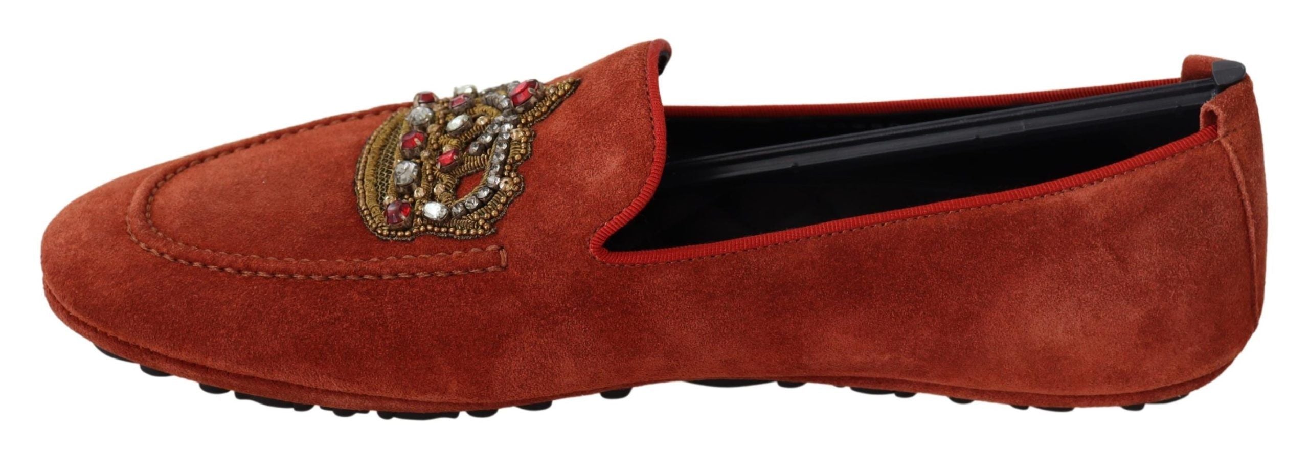 Oranje leren loafers met kristallen kroon