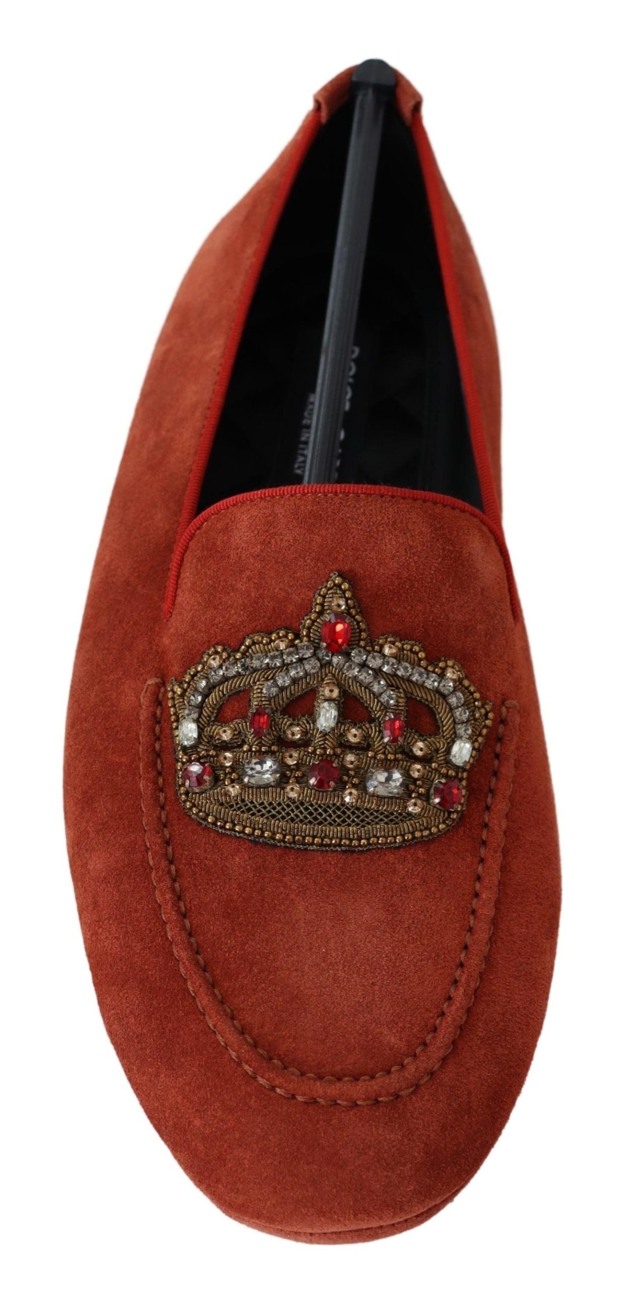 Oranje leren loafers met kristallen kroon
