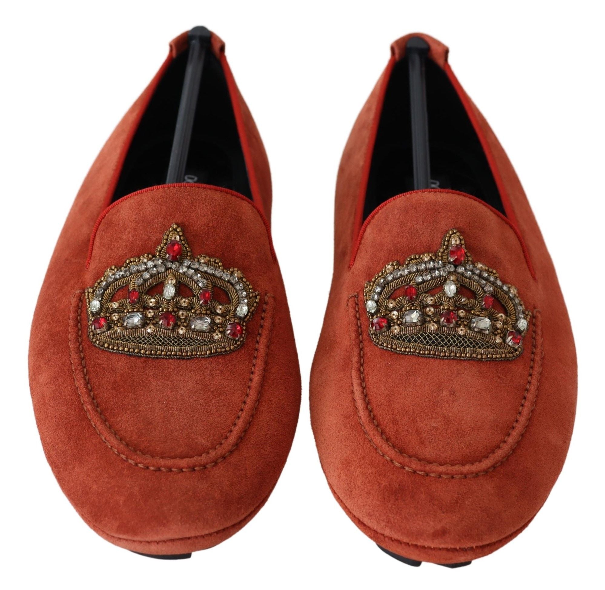 Oranje leren loafers met kristallen kroon