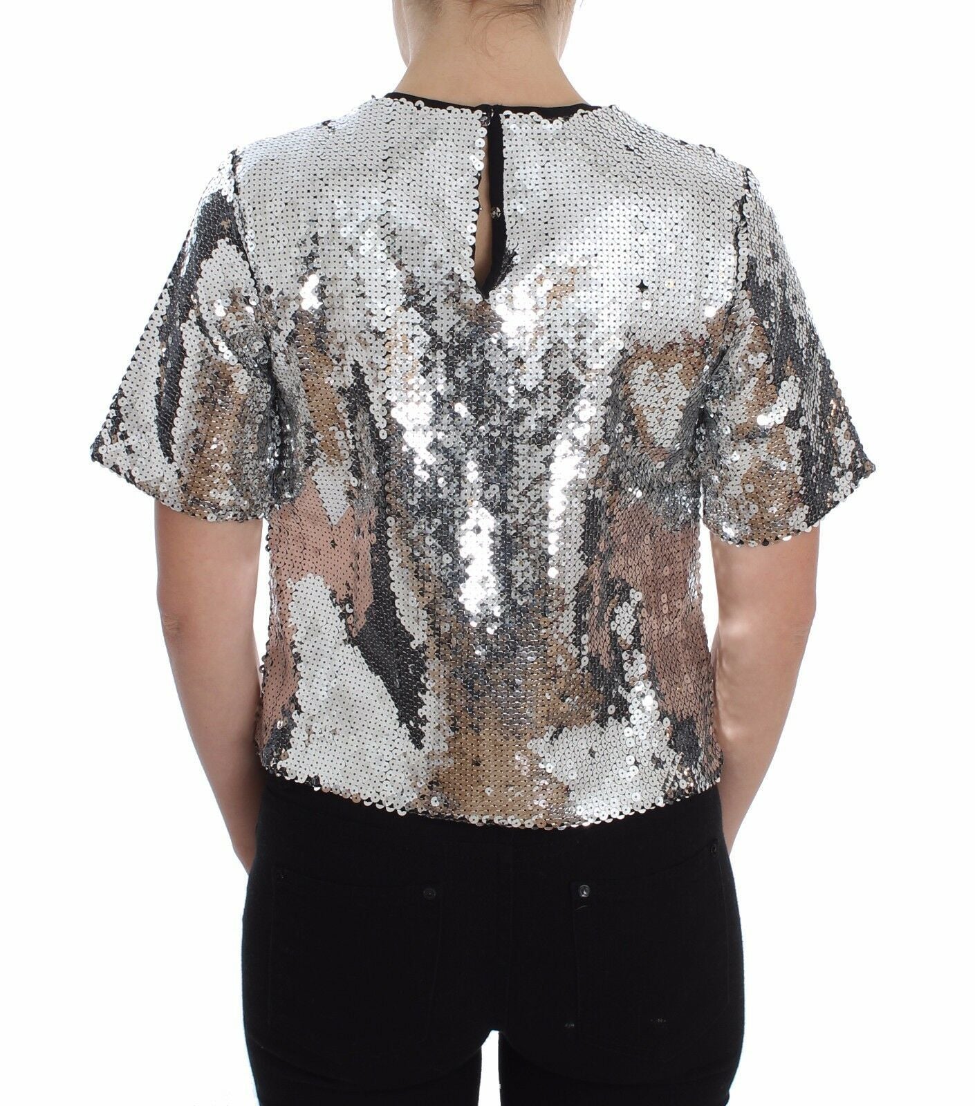 Zilveren blouse met ronde hals en pailletten, T-shirttop