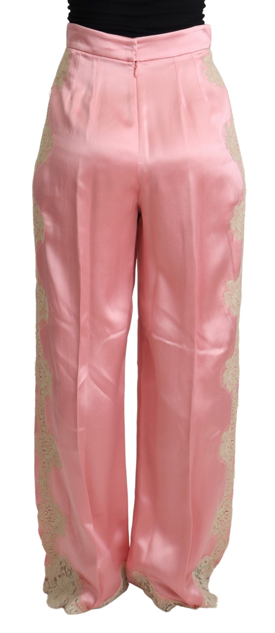 Roze, met kant afgewerkte zijden satijnen broek met wijde pijpen