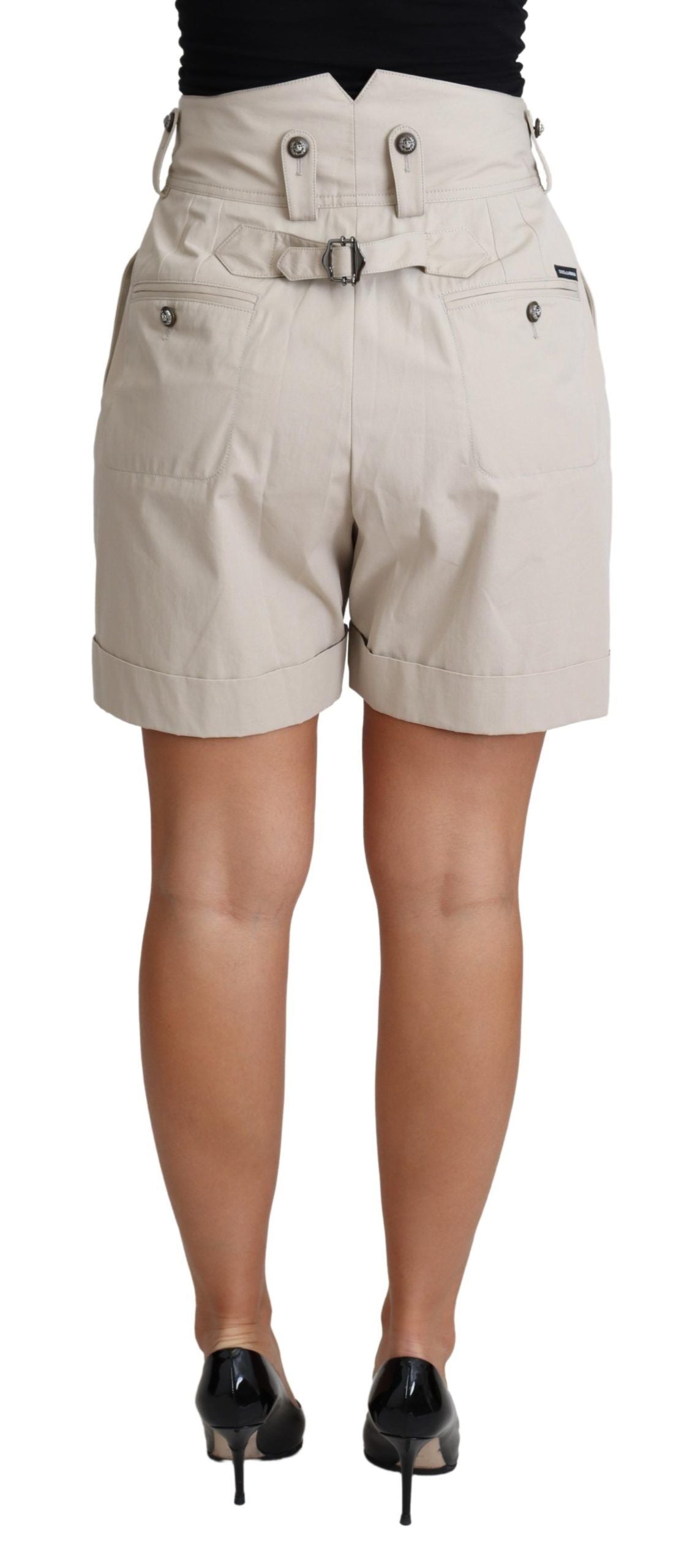 Beige katoenen geplooide casual shorts met hoge taille