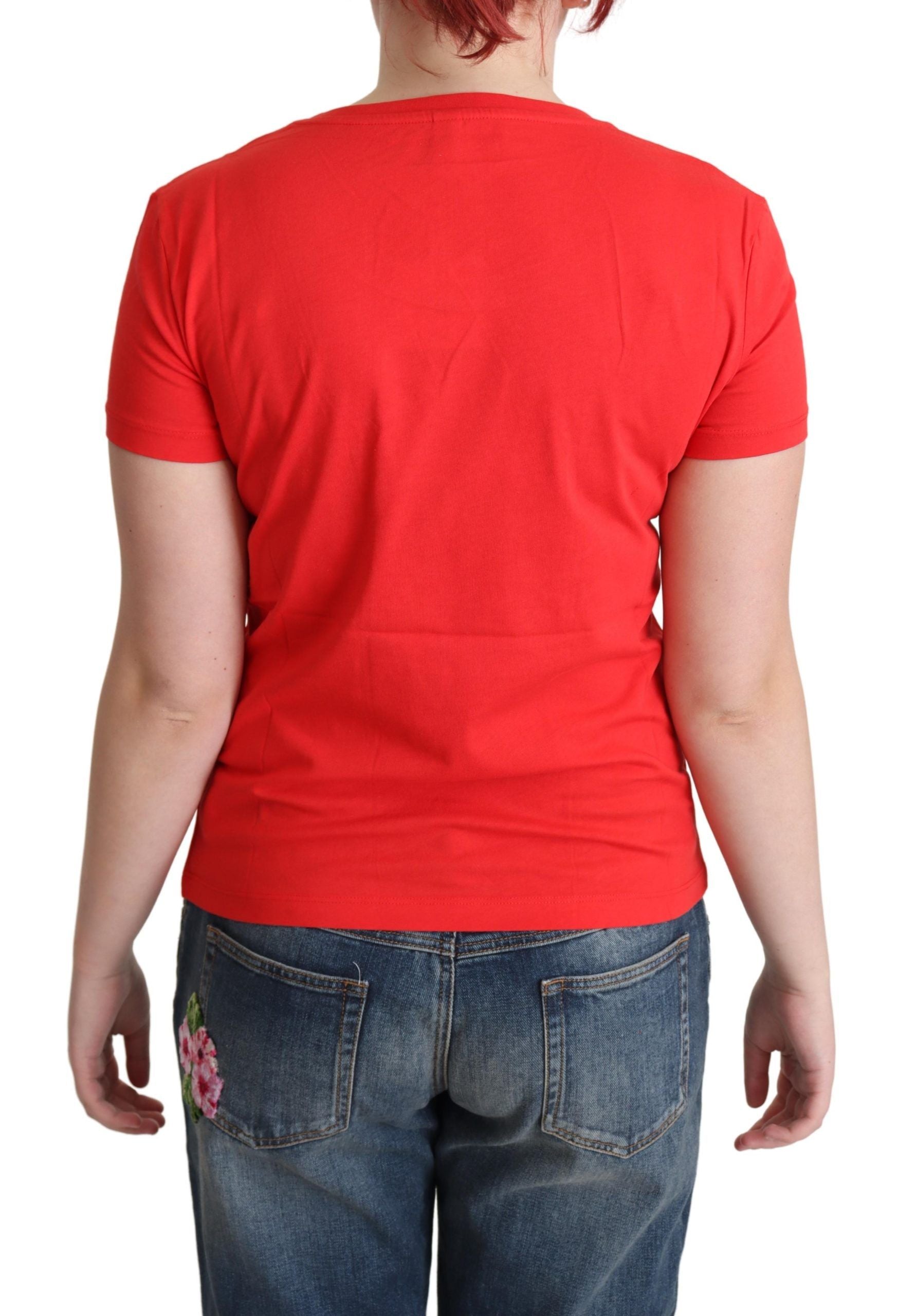 Rode katoenen blouse met print en Come Play 4 Us-print