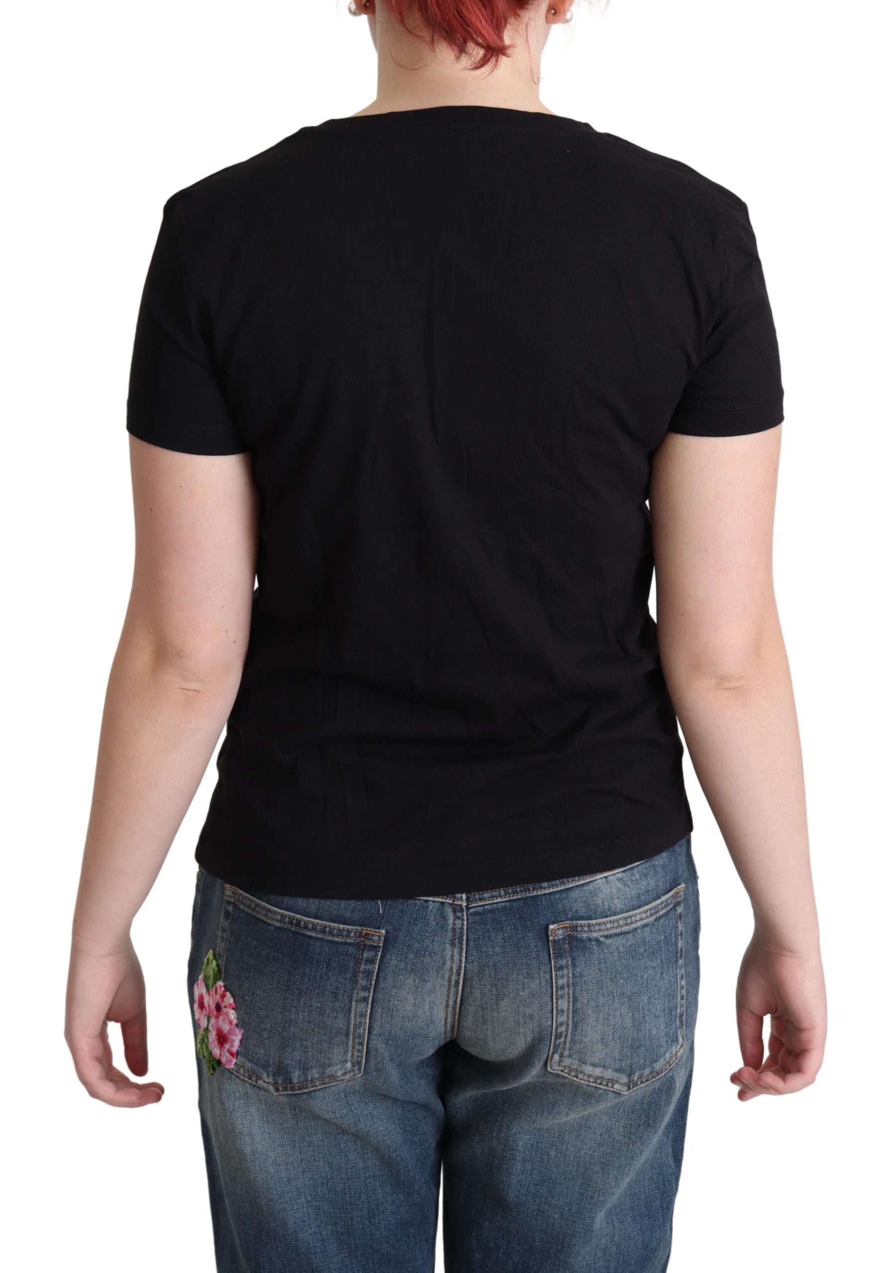 Zwart bedrukt katoenen T-shirt met korte mouwen