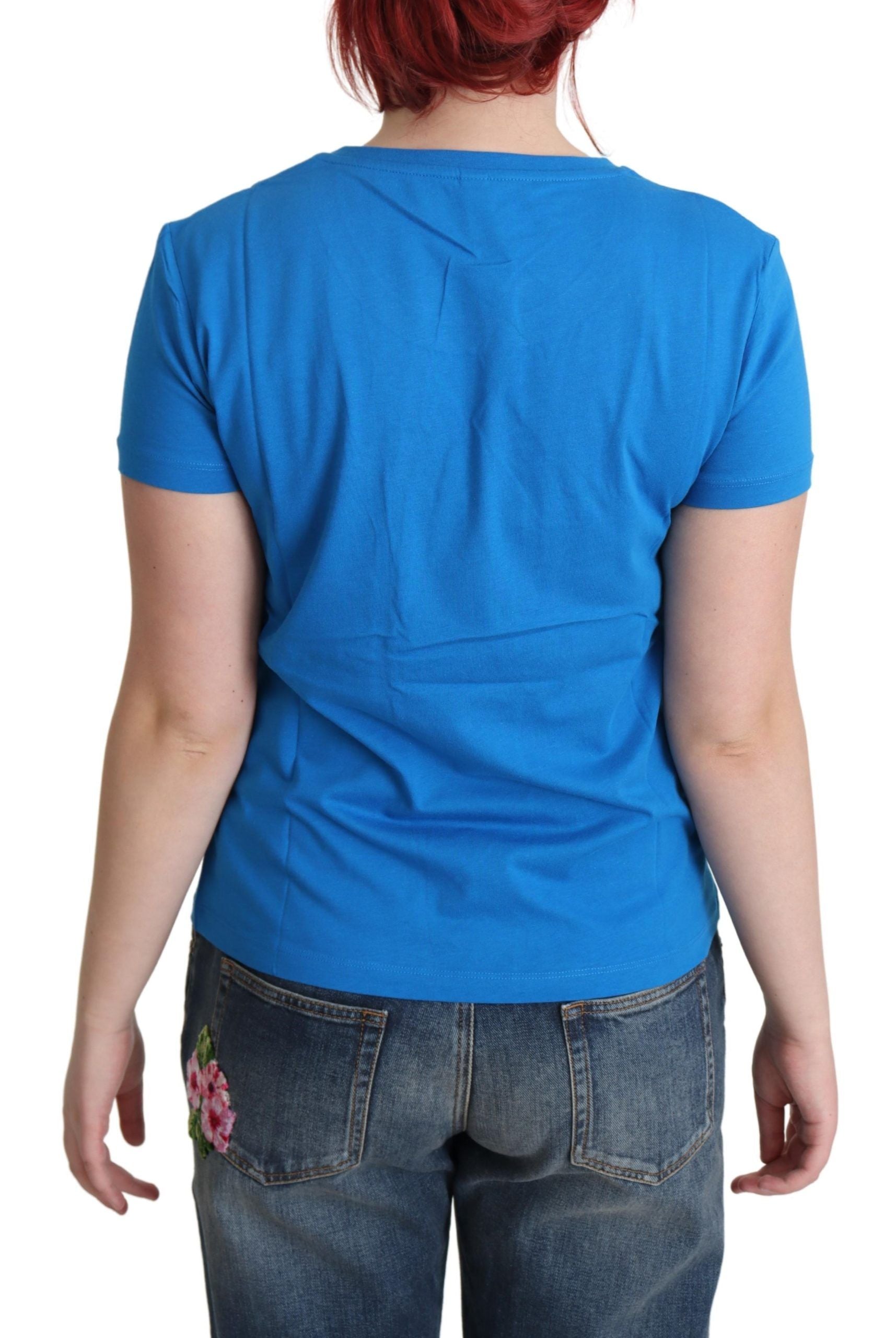 Blauw bedrukt katoenen T-shirt met korte mouwen