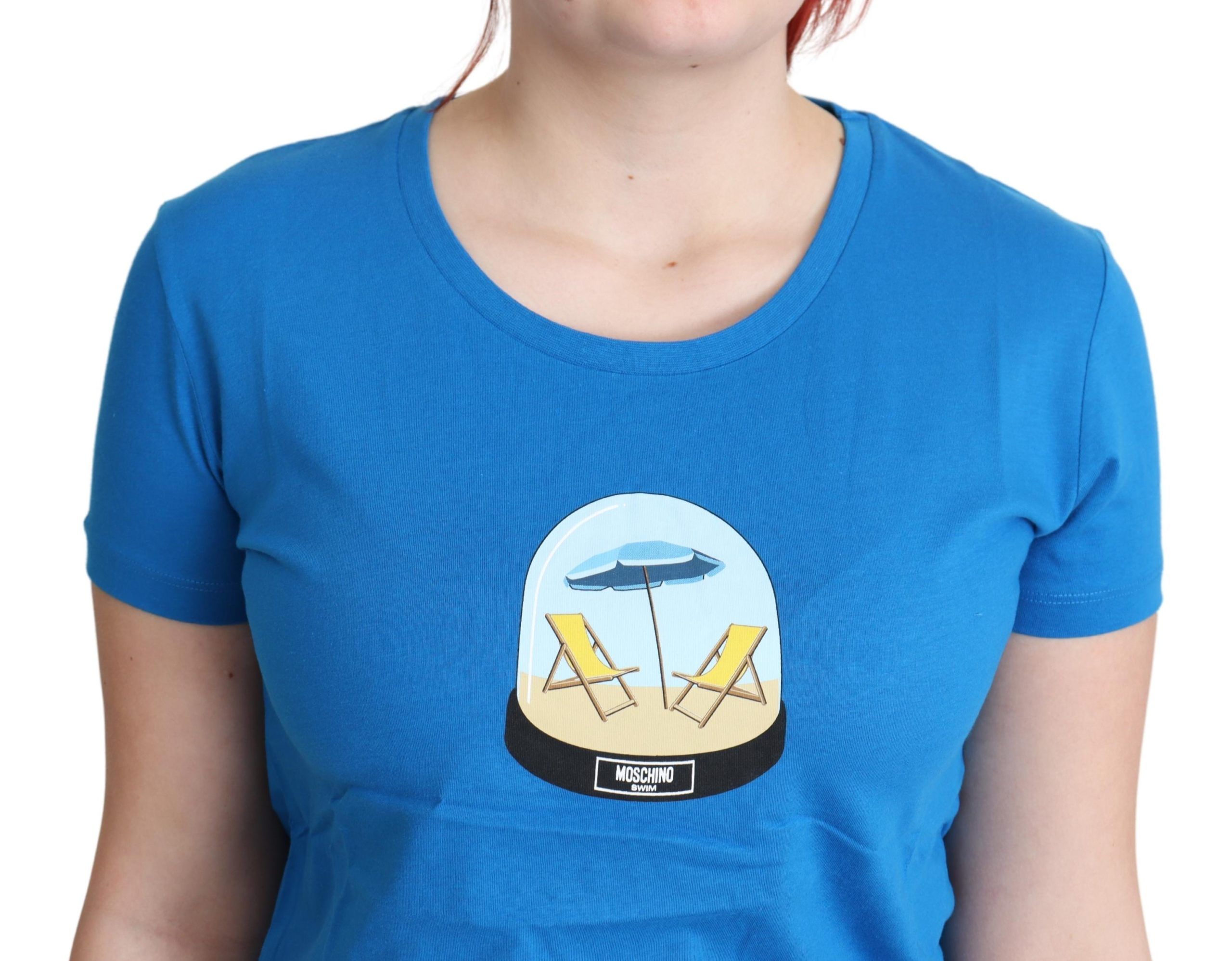 Blauw bedrukt katoenen T-shirt met korte mouwen