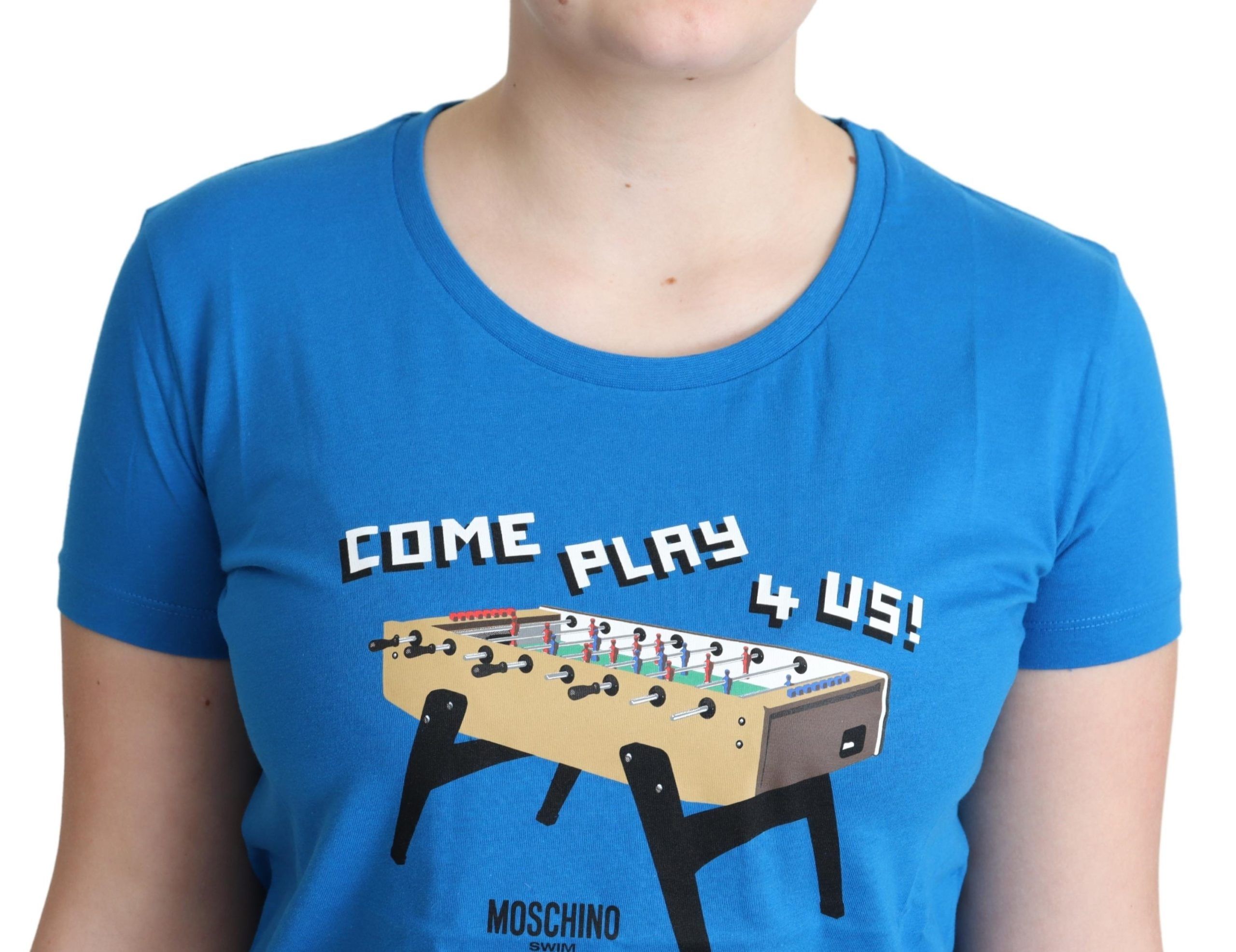 Blauw katoenen T-shirt met print 'Kom Spelen voor Ons'