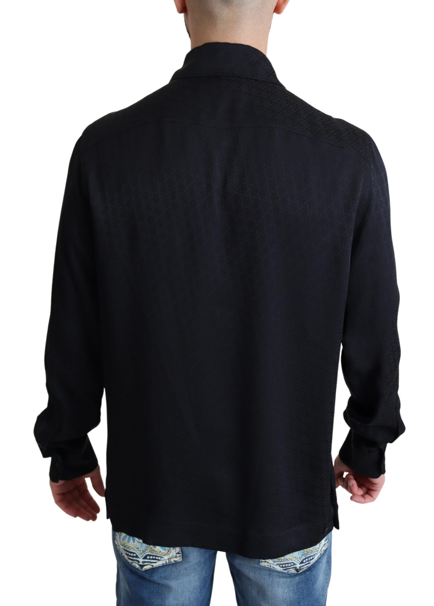 Zwart Jacquard Zijden Casual Overhemd met Knoopjes