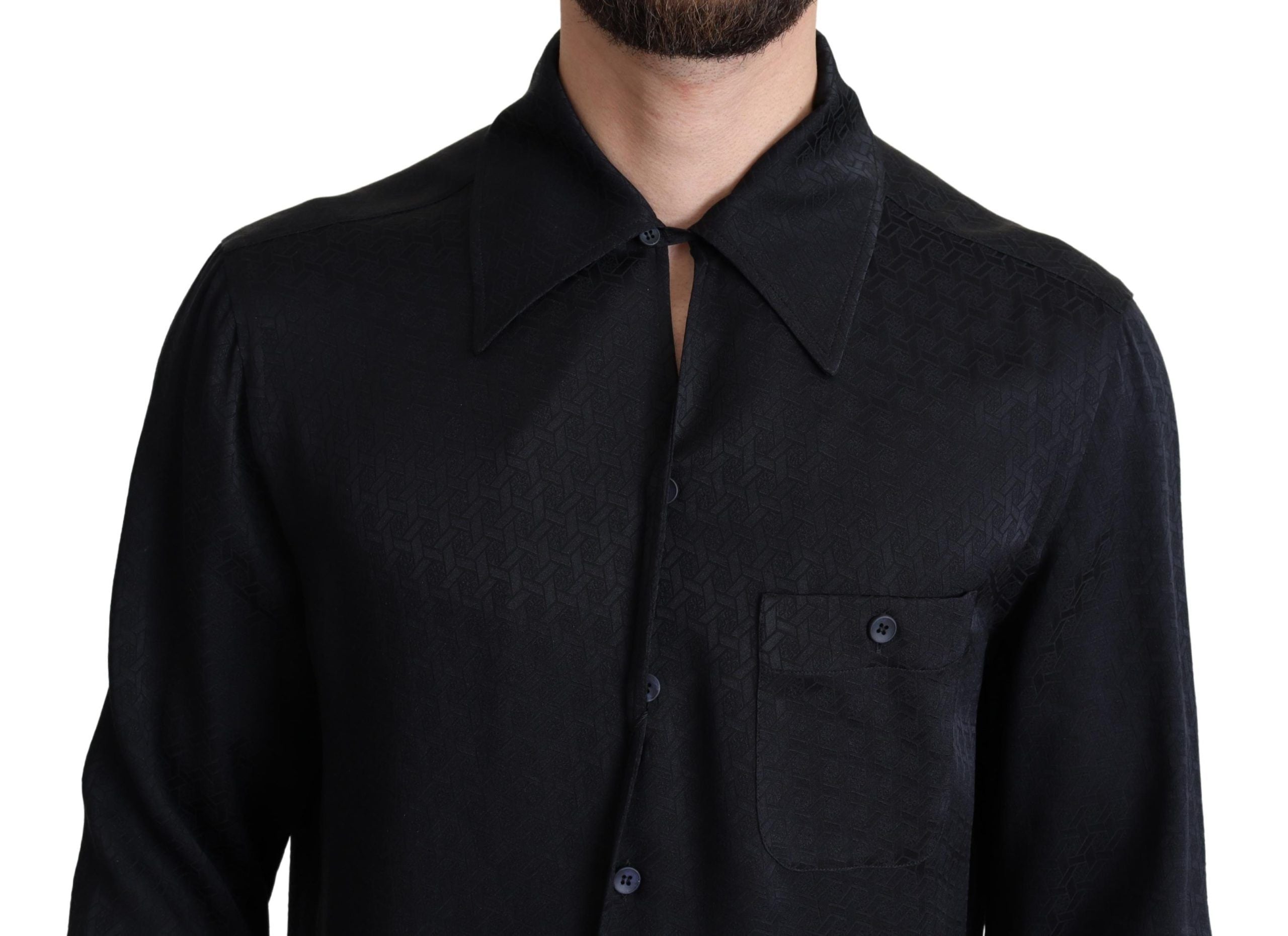 Zwart Jacquard Zijden Casual Overhemd met Knoopjes