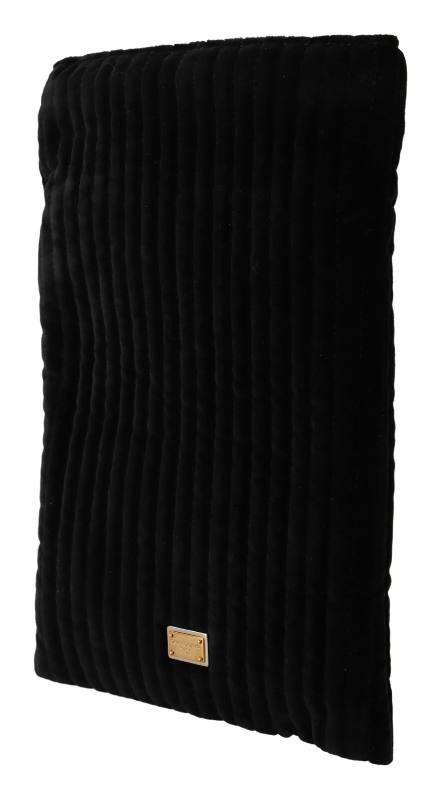 Zwarte fluwelen quilt-tas met trekkoord en logo-plaquette