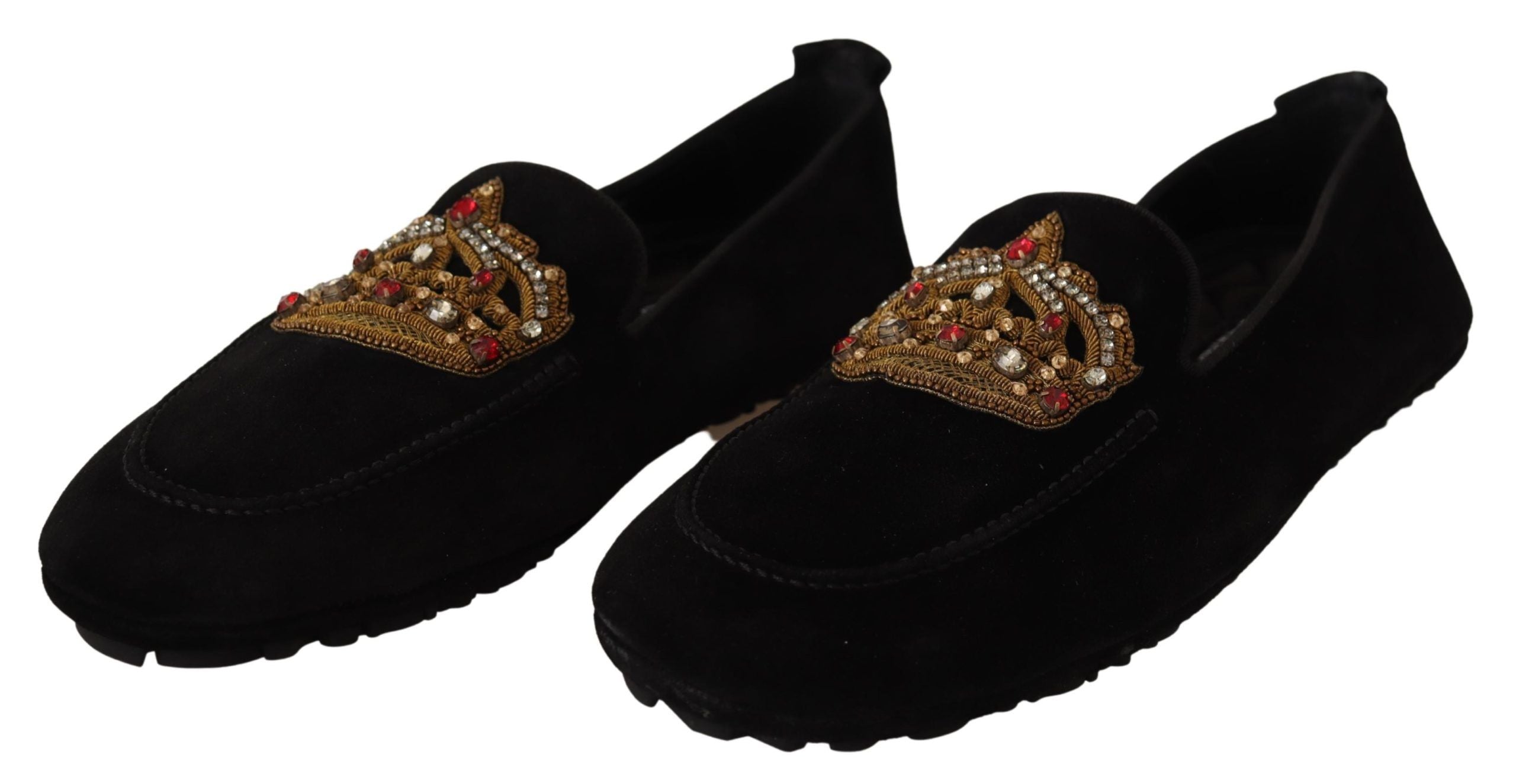 Zwarte leren loafers met kristalgouden kroon