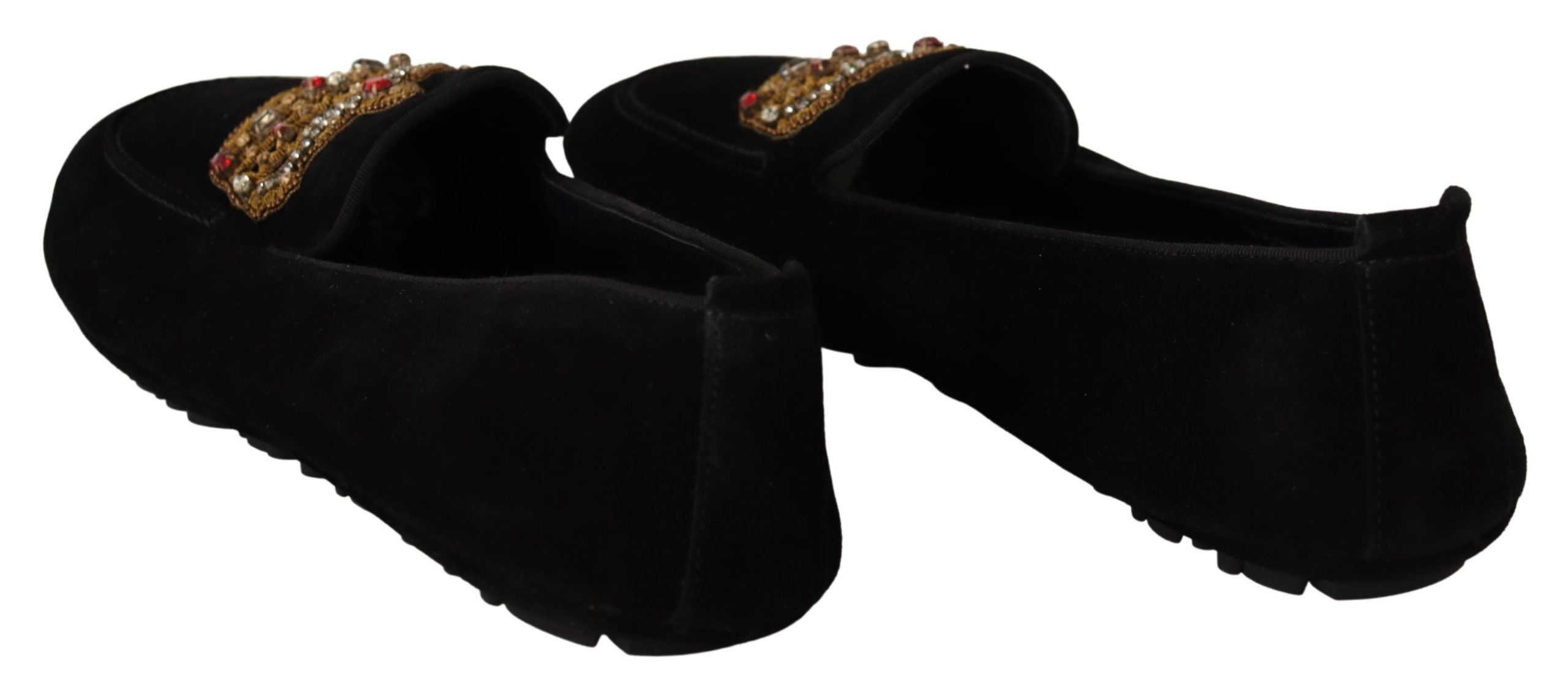 Zwarte leren loafers met kristalgouden kroon