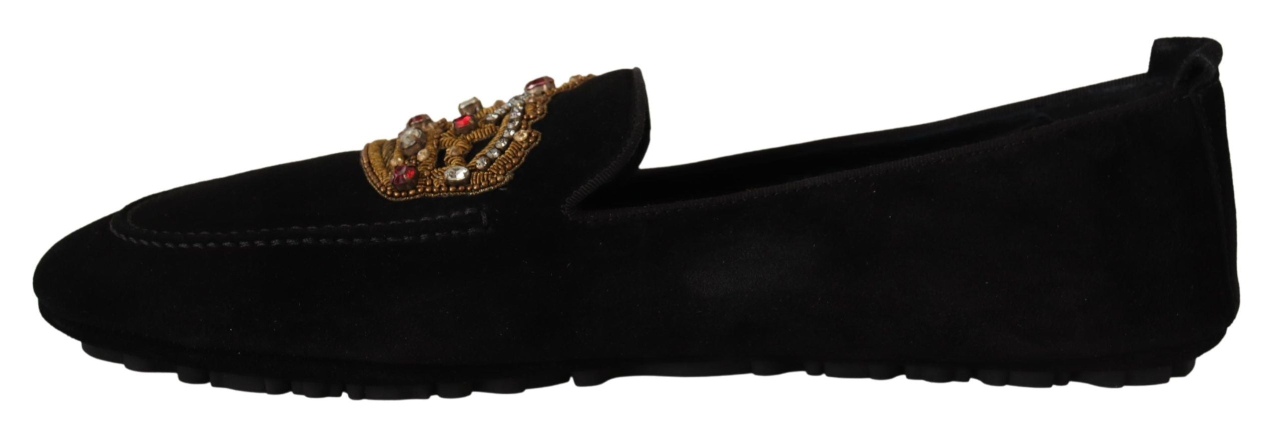 Zwarte leren loafers met kristalgouden kroon