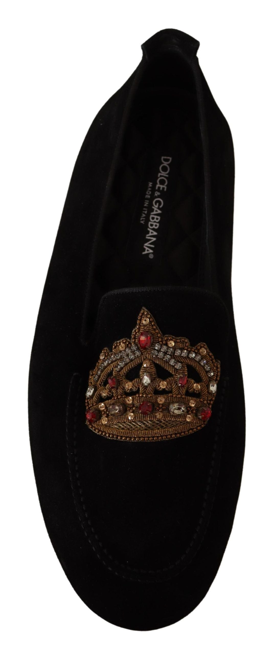 Zwarte leren loafers met kristalgouden kroon