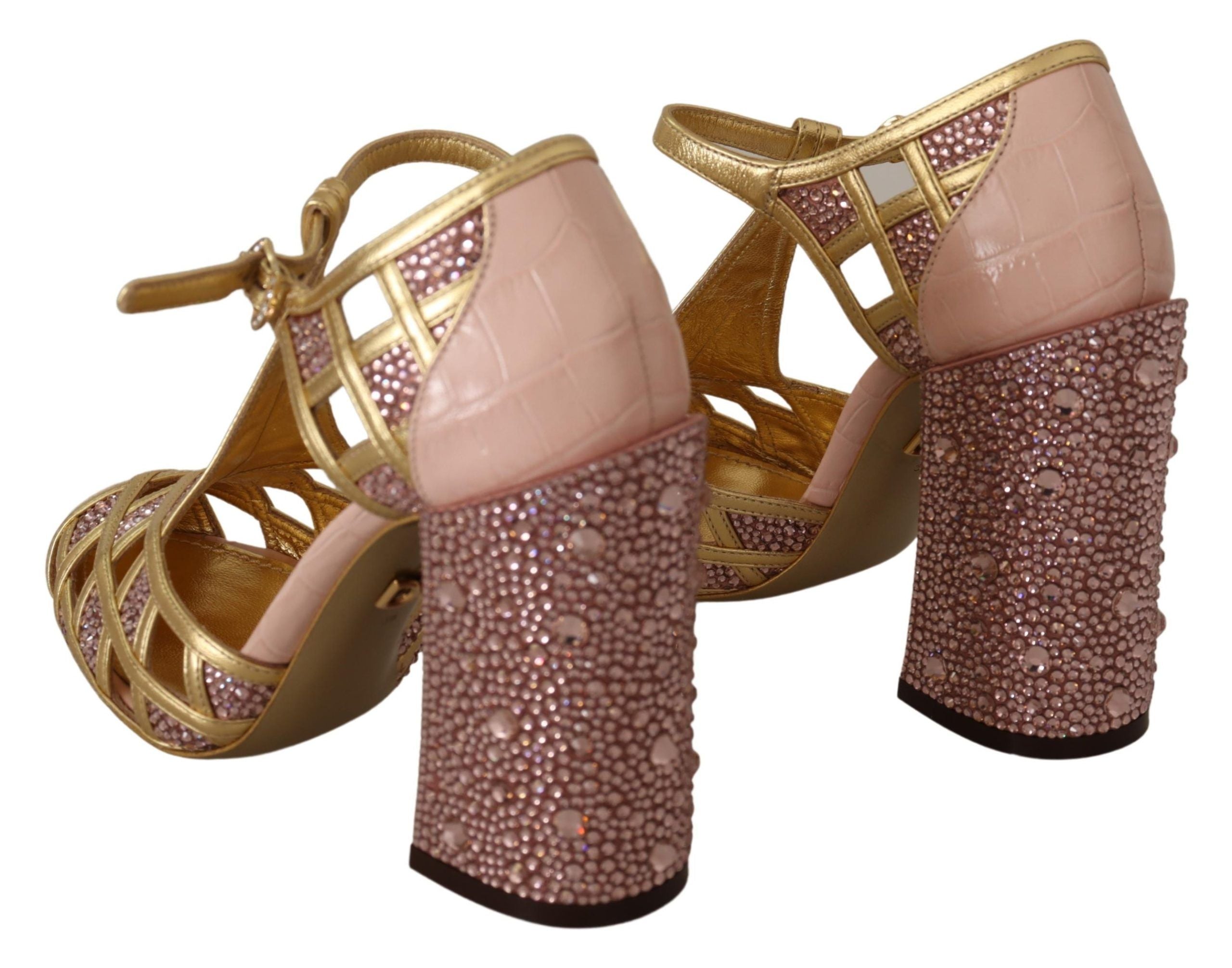 Roze gouden leren kristallen pumps met T-bandje