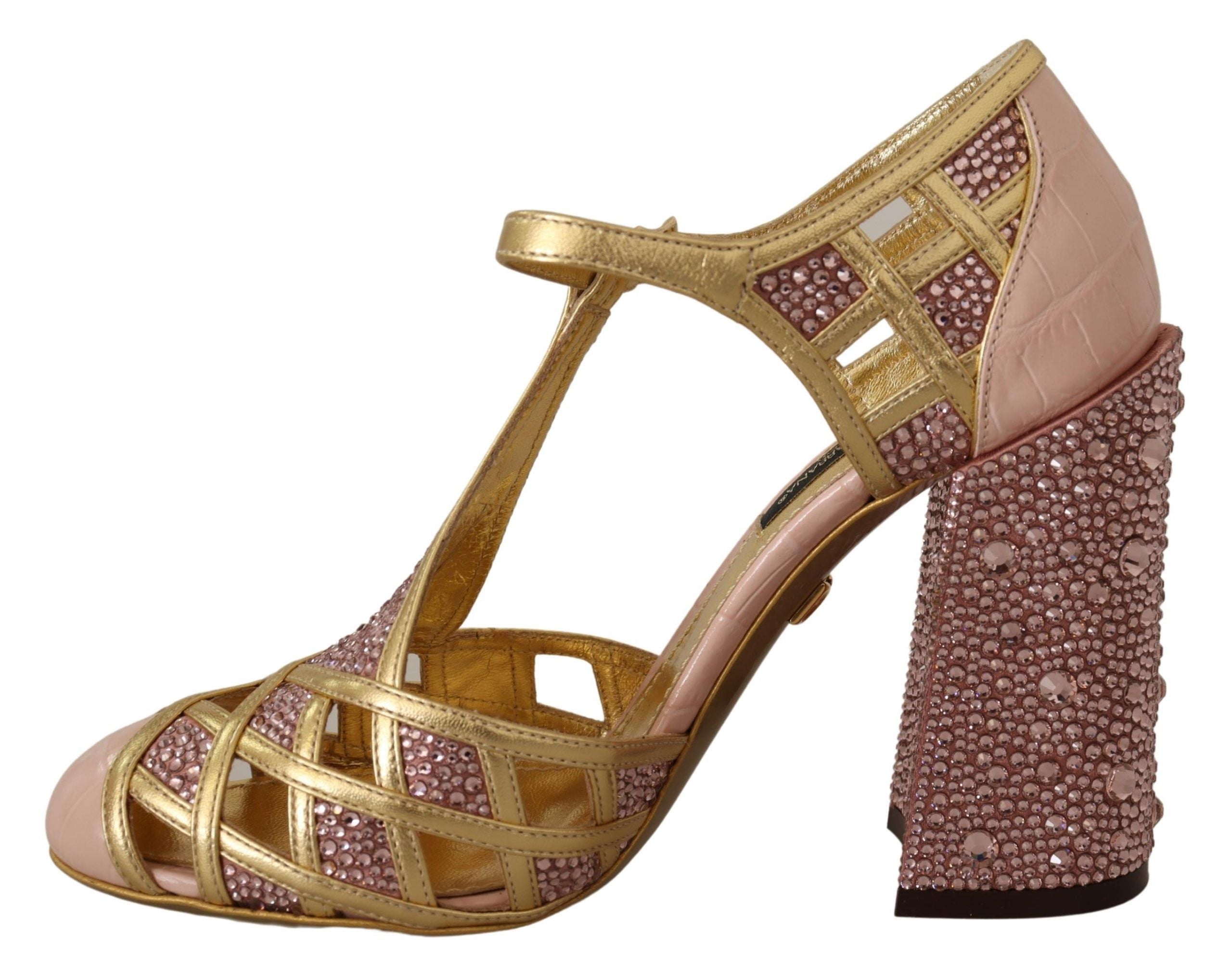 Roze gouden leren kristallen pumps met T-bandje