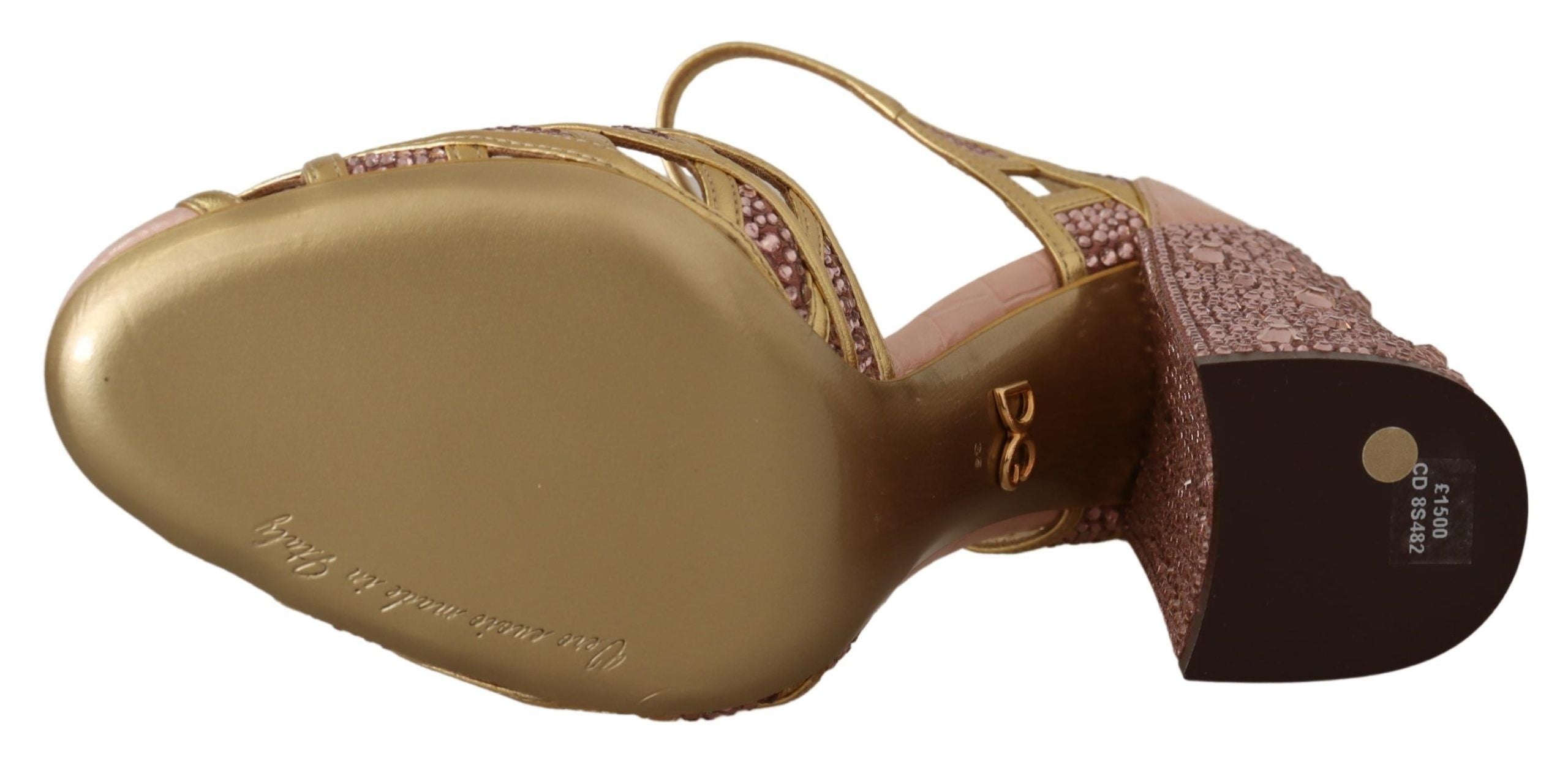 Roze gouden leren kristallen pumps met T-bandje