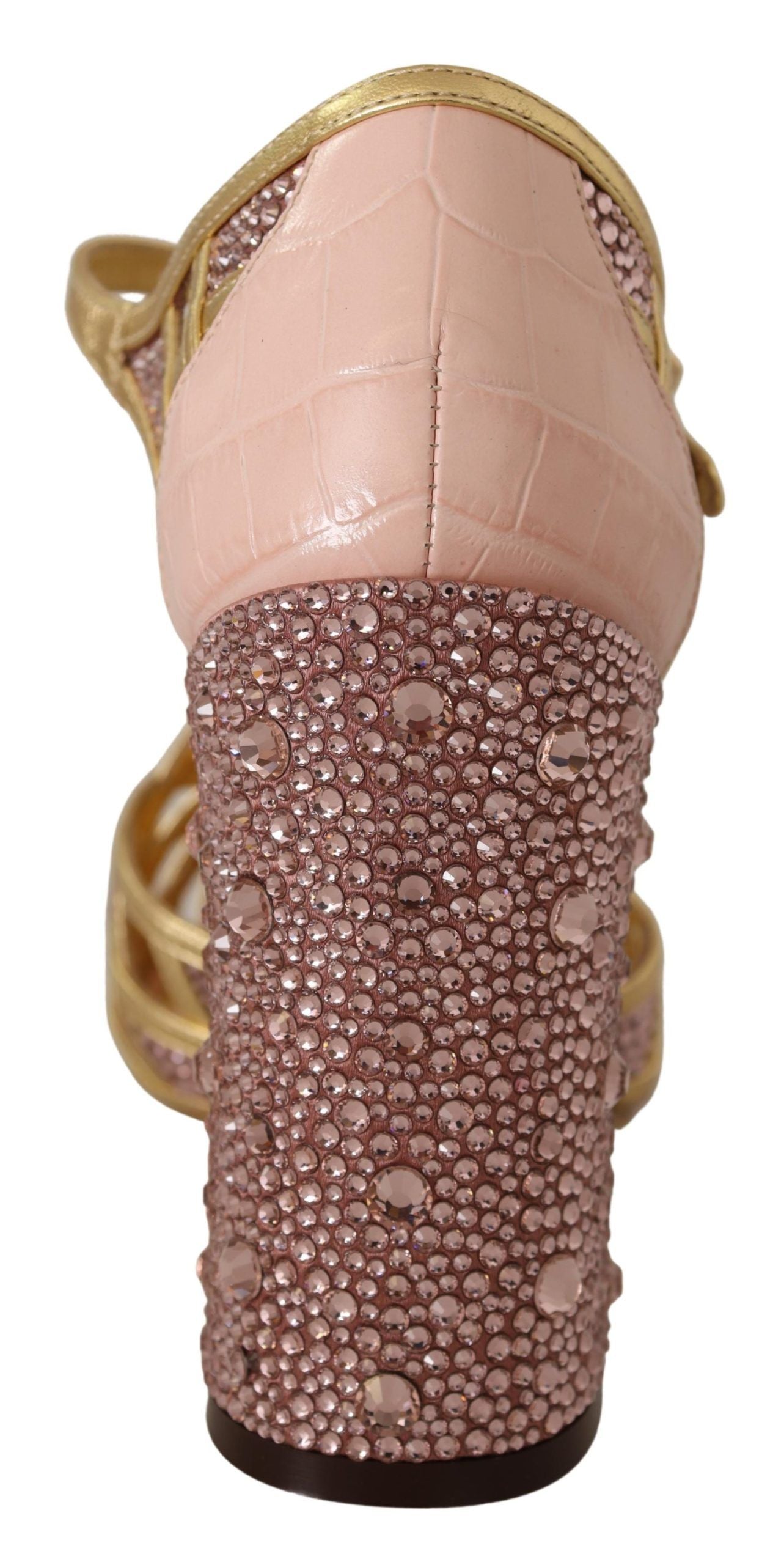 Roze gouden leren kristallen pumps met T-bandje