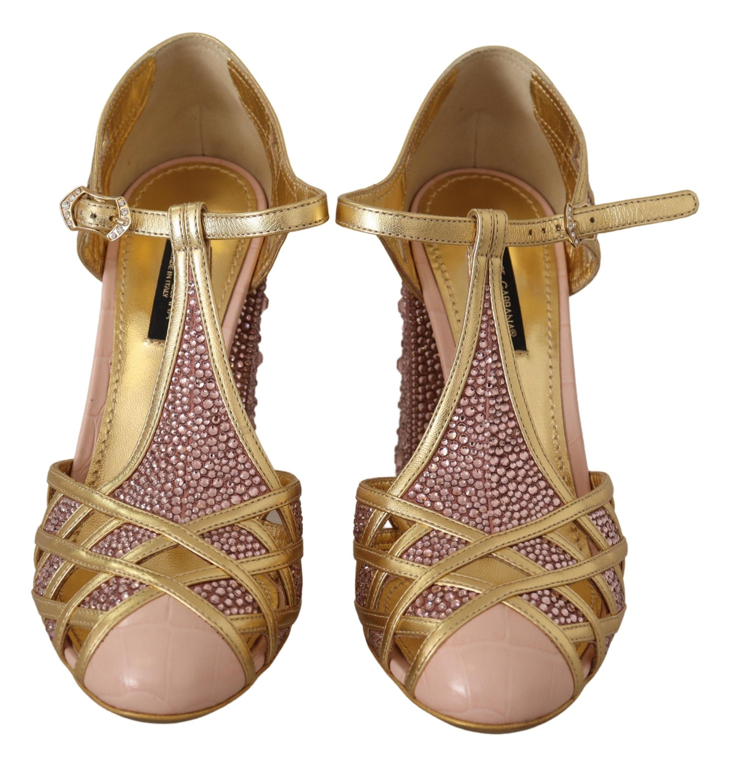 Roze gouden leren kristallen pumps met T-bandje