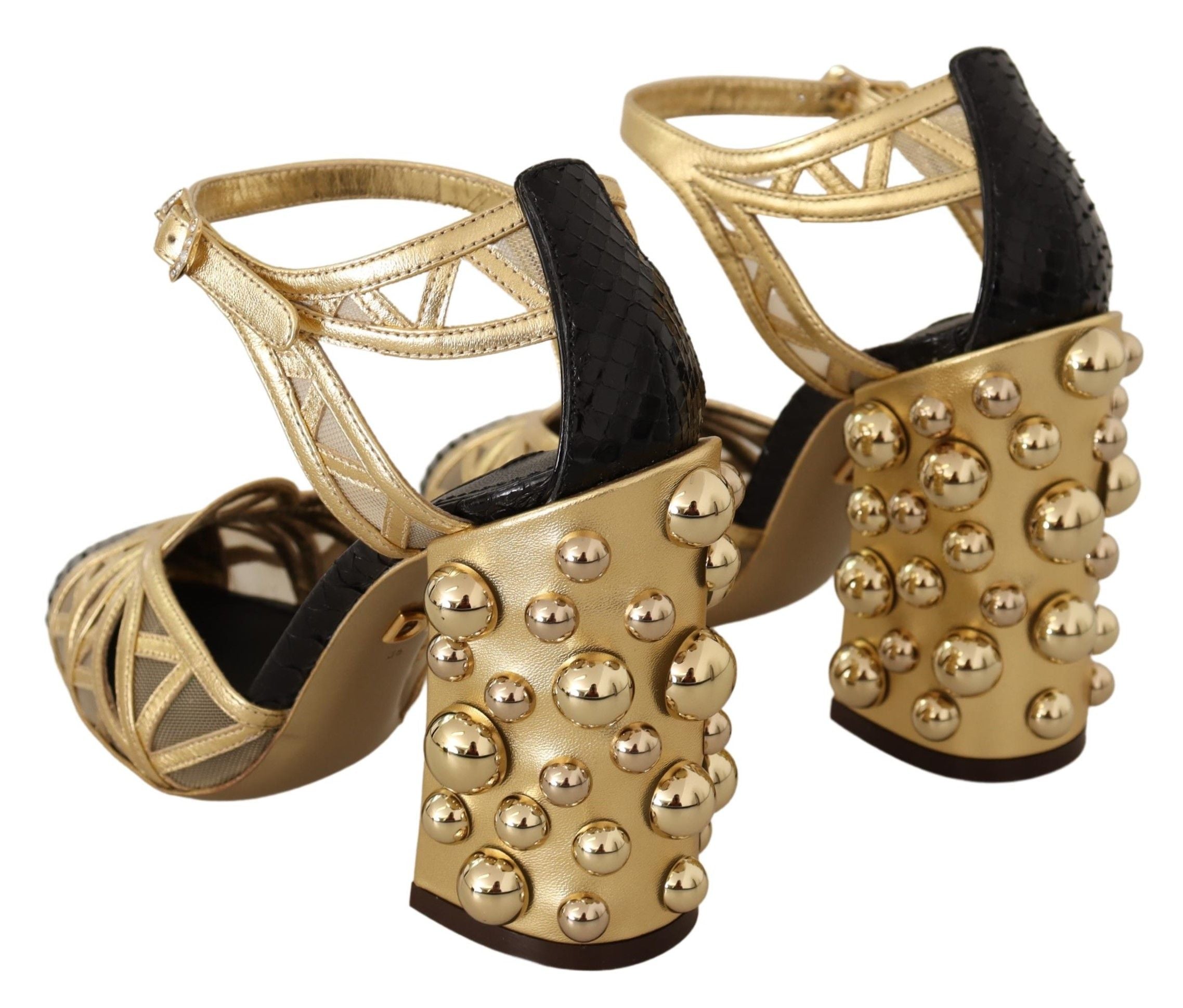 Zwarte gouden leren schoenen met enkelbandjes en studs