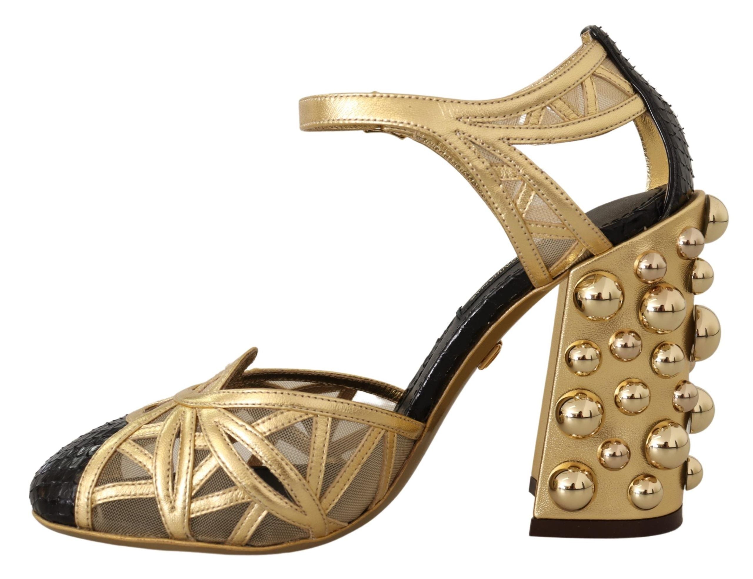 Zwarte gouden leren schoenen met enkelbandjes en studs