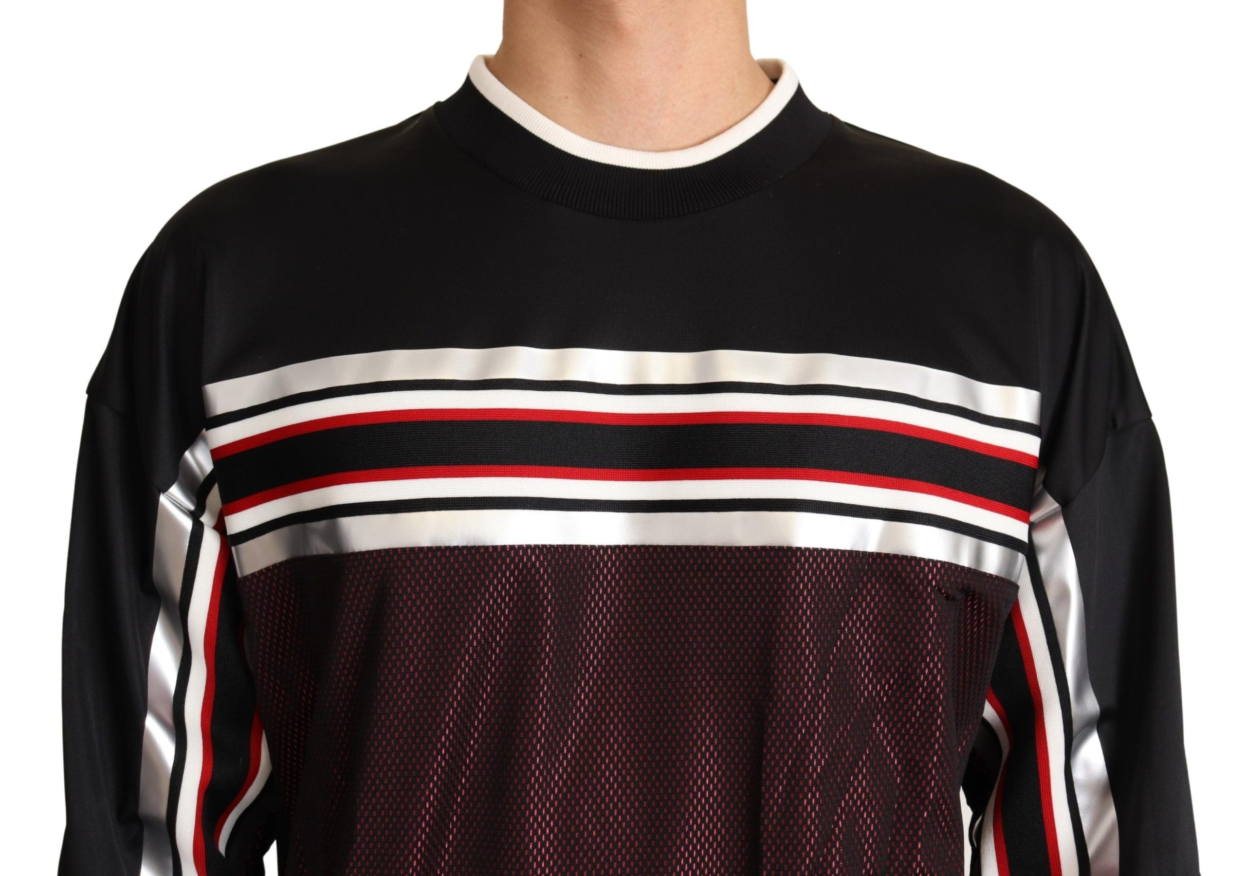Zwarte rode mesh sport pullover ronde hals trui