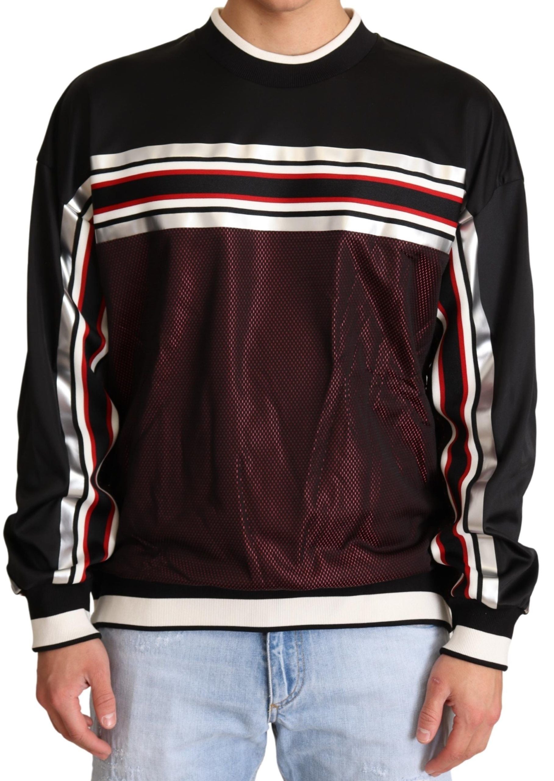Zwarte rode mesh sport pullover ronde hals trui