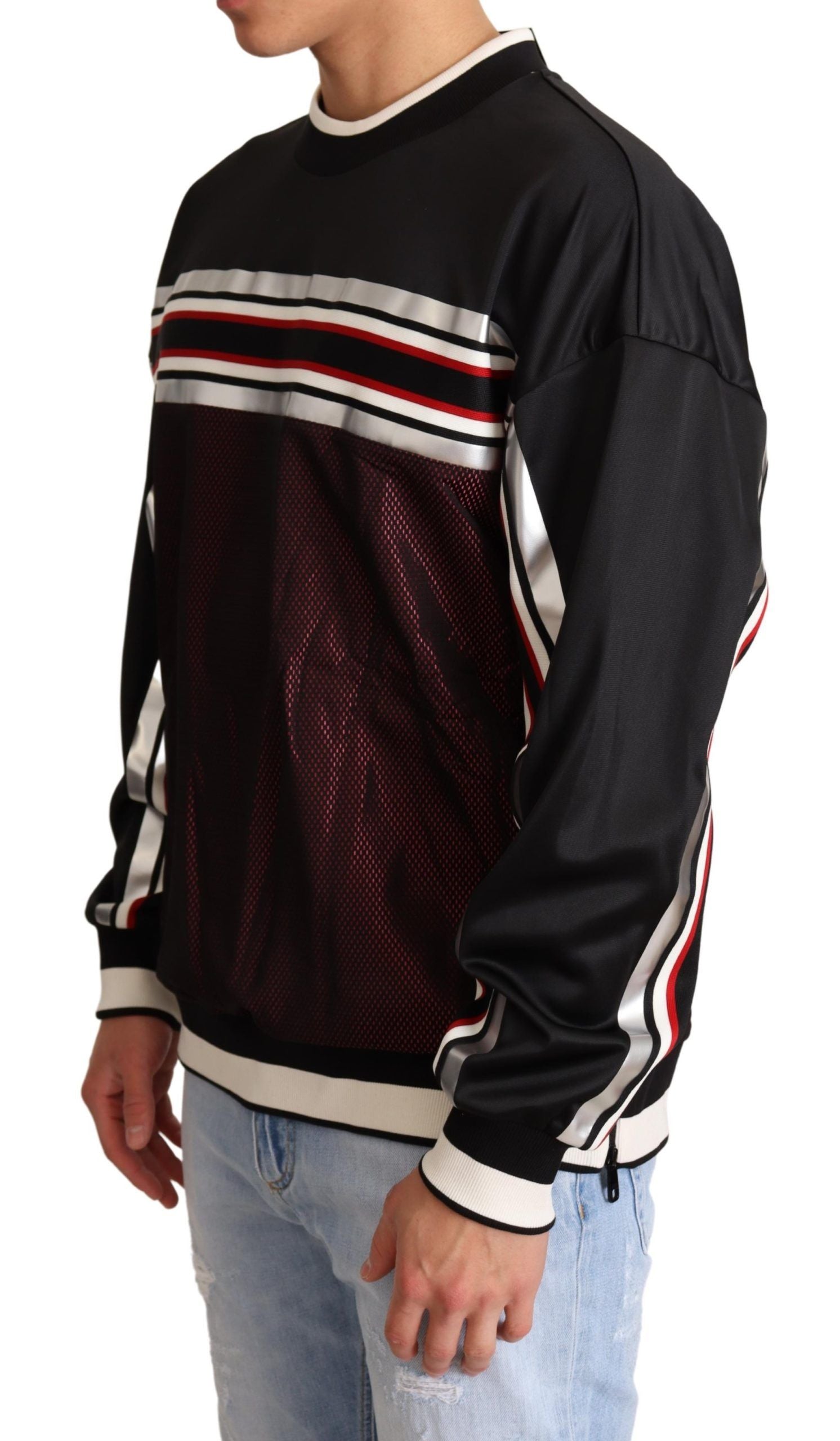 Zwarte rode mesh sport pullover ronde hals trui