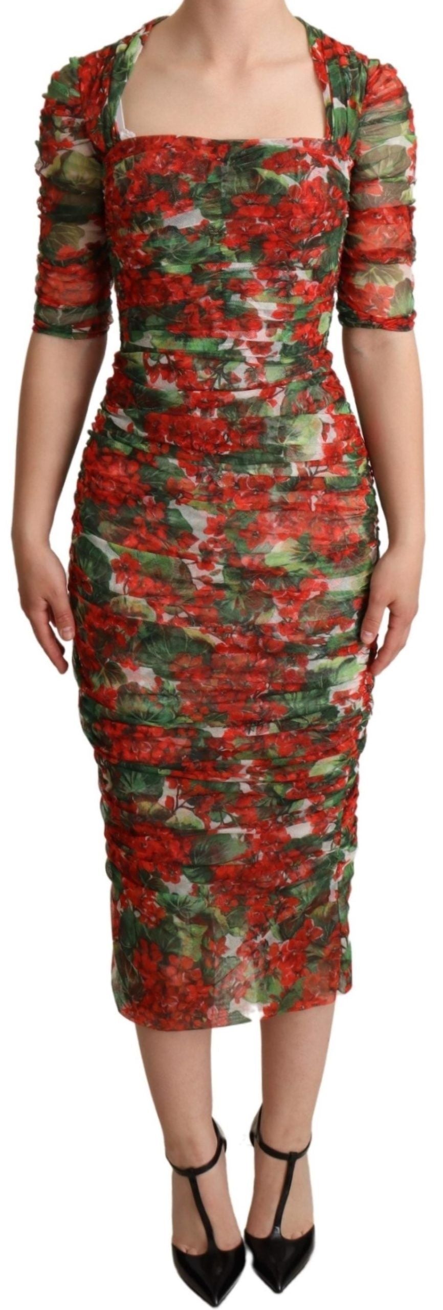 Rode bloemenprint tule mantel midi-jurk
