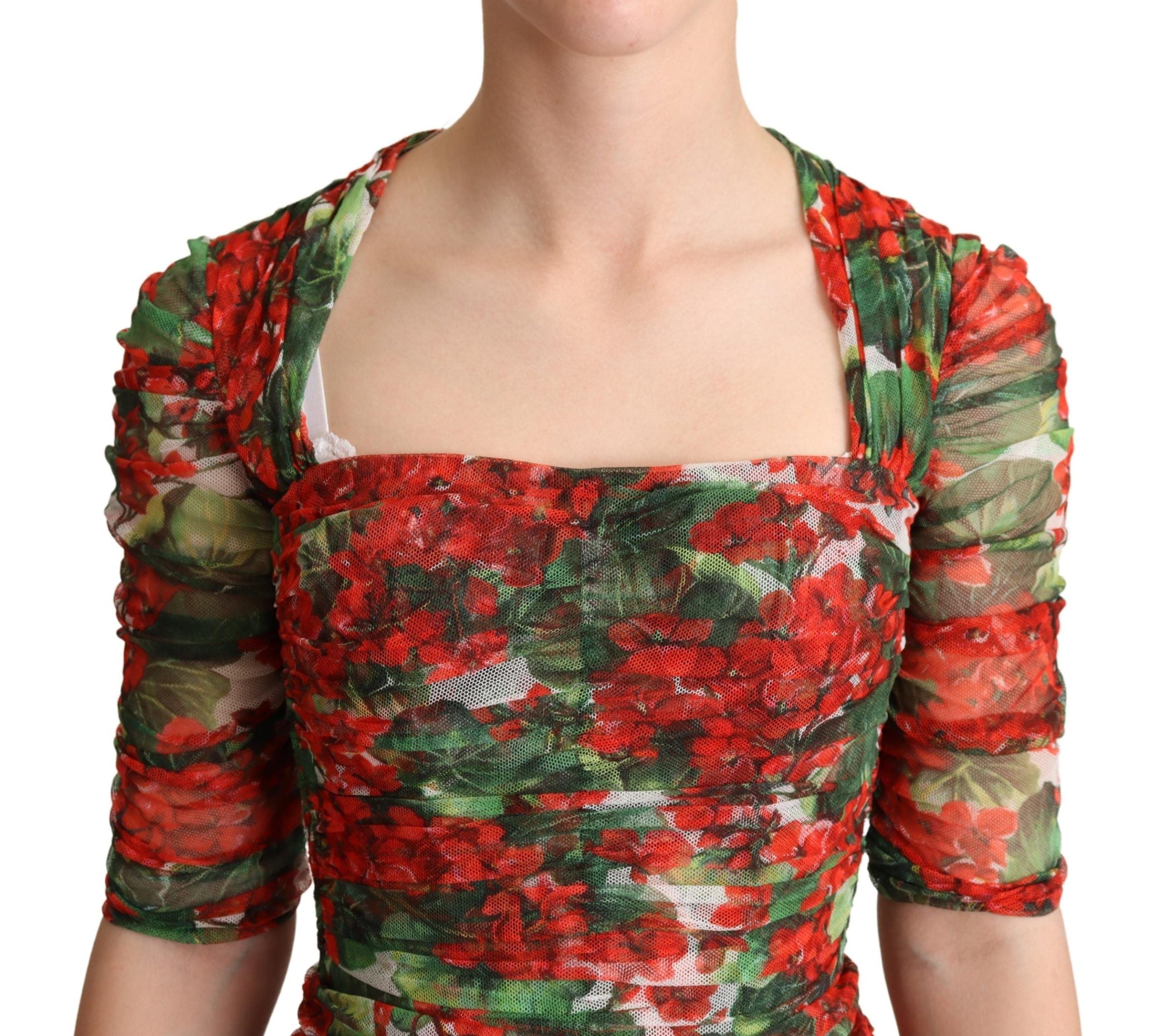 Rode bloemenprint tule mantel midi-jurk