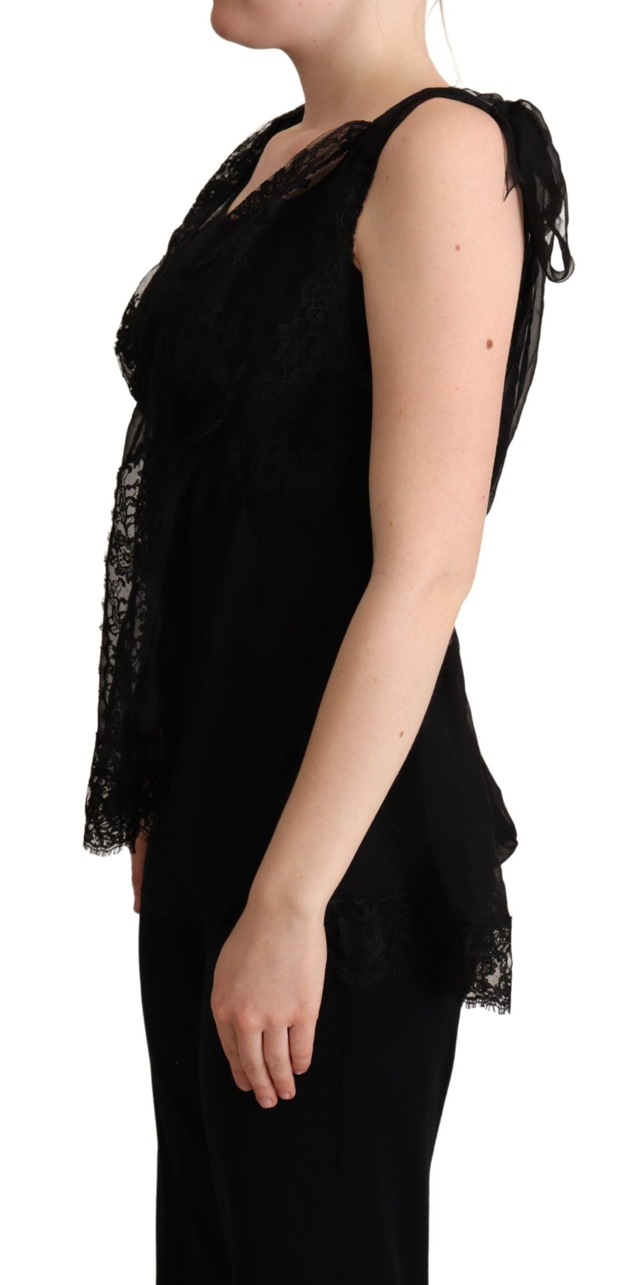 Zwarte zijden tanktop met kanten rand