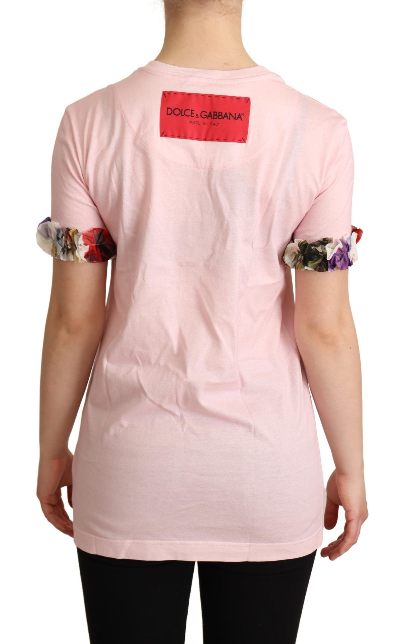 Roze katoenen T-shirt met ronde hals en bloemenprint