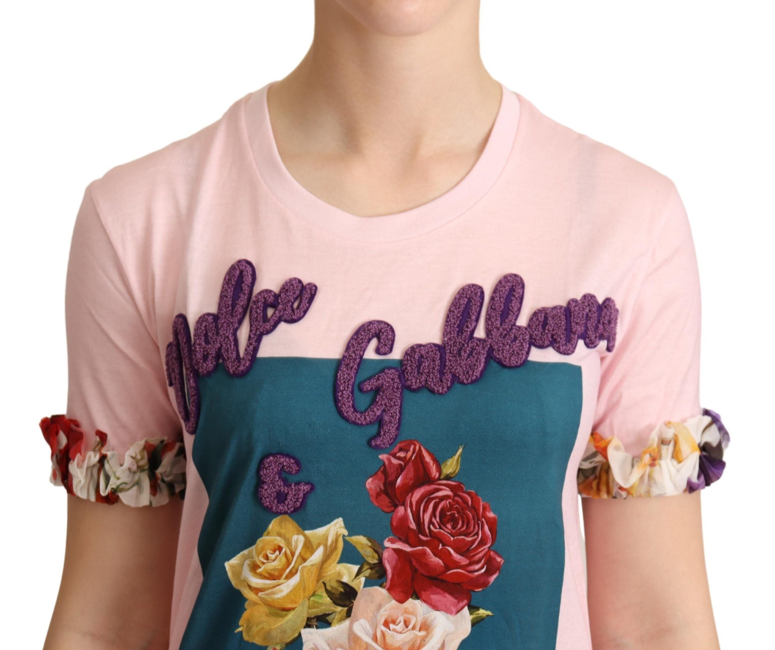 Roze katoenen T-shirt met ronde hals en bloemenprint